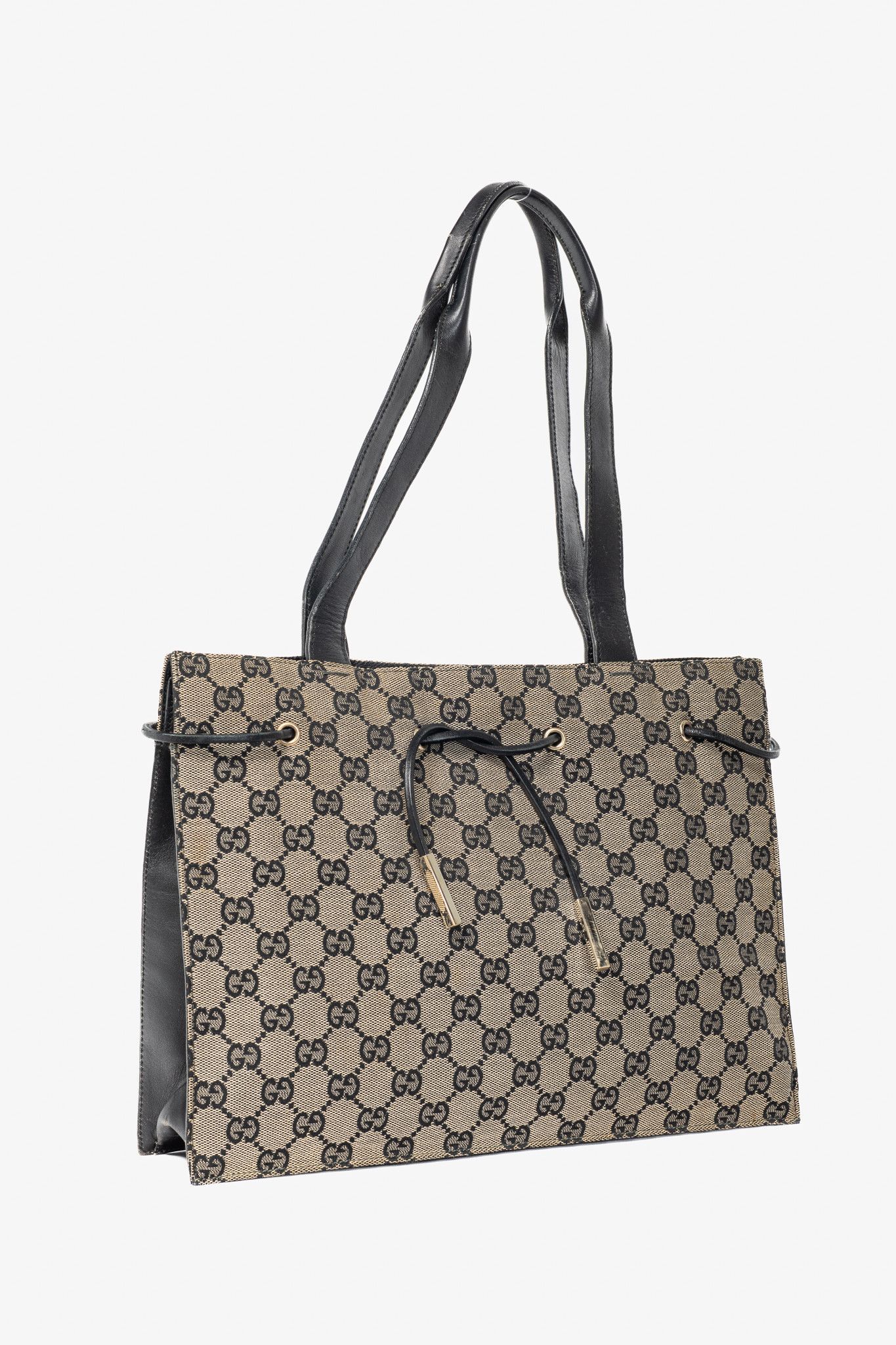 Gucci Gucci Khaki GG Canvas Black-Leather Drawstring Tote Size ONE SIZE - 2 Thumbnail