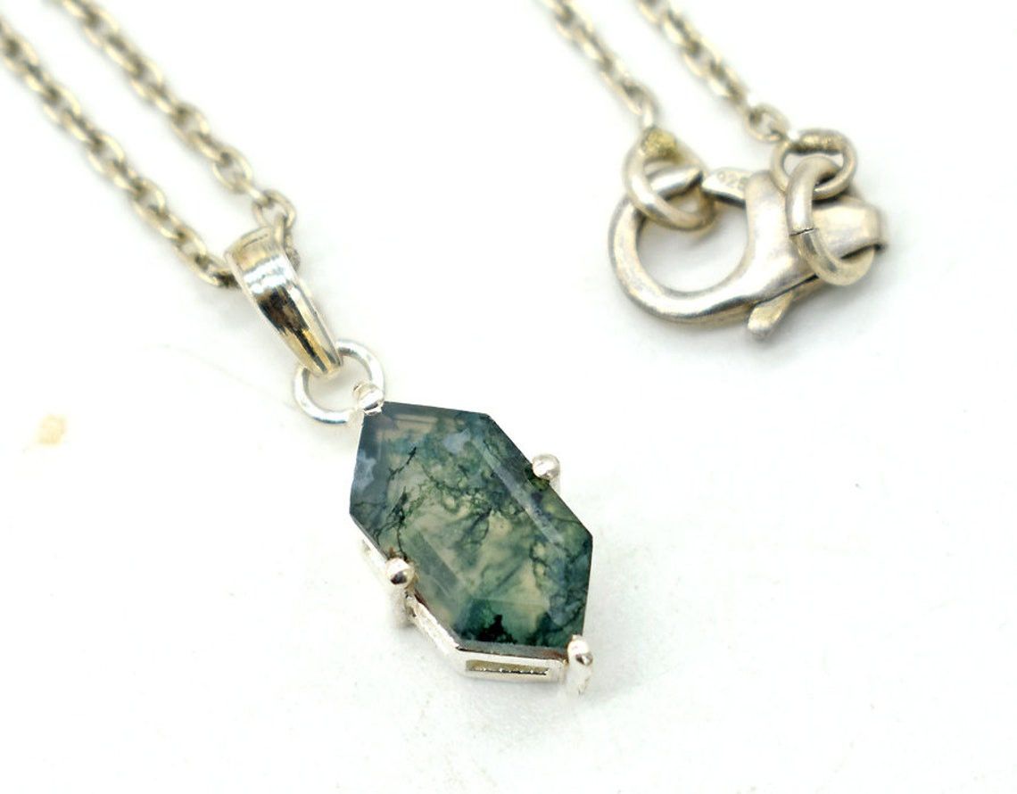 Handmade Sterling Silver Moss Agate Gemstone Necklace - 18 Inch Size ONE SIZE - 2 Thumbnail