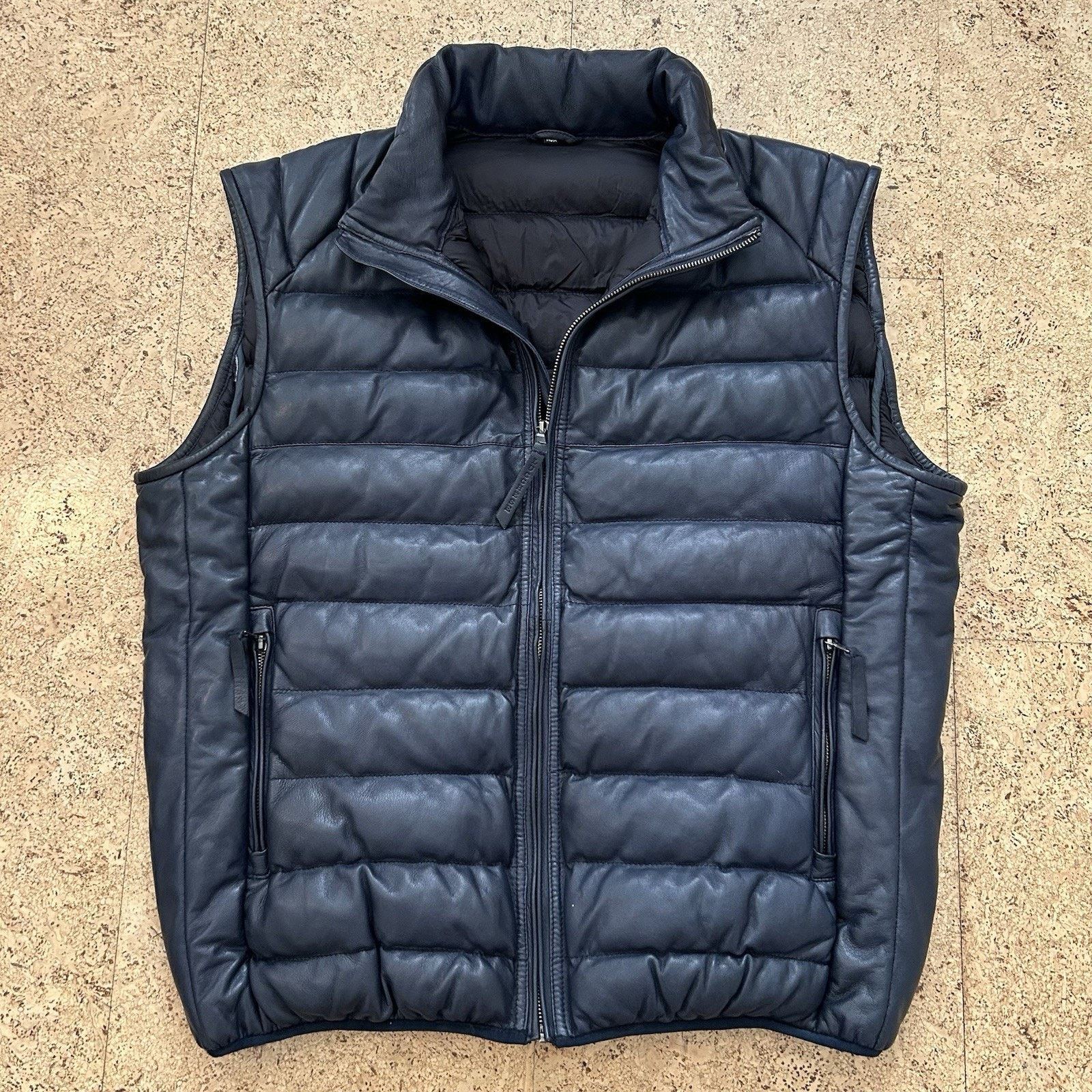 Genuine Leather Puffer Quilted Navy Blue Full Zip Vest 2XL