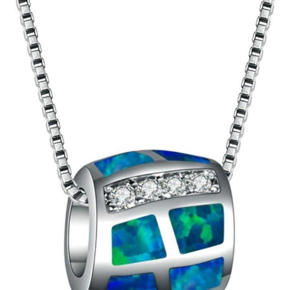 Designer Blue Opal Round Rum Barrel Silver Necklace & Chain Size ONE SIZE - 3 Thumbnail