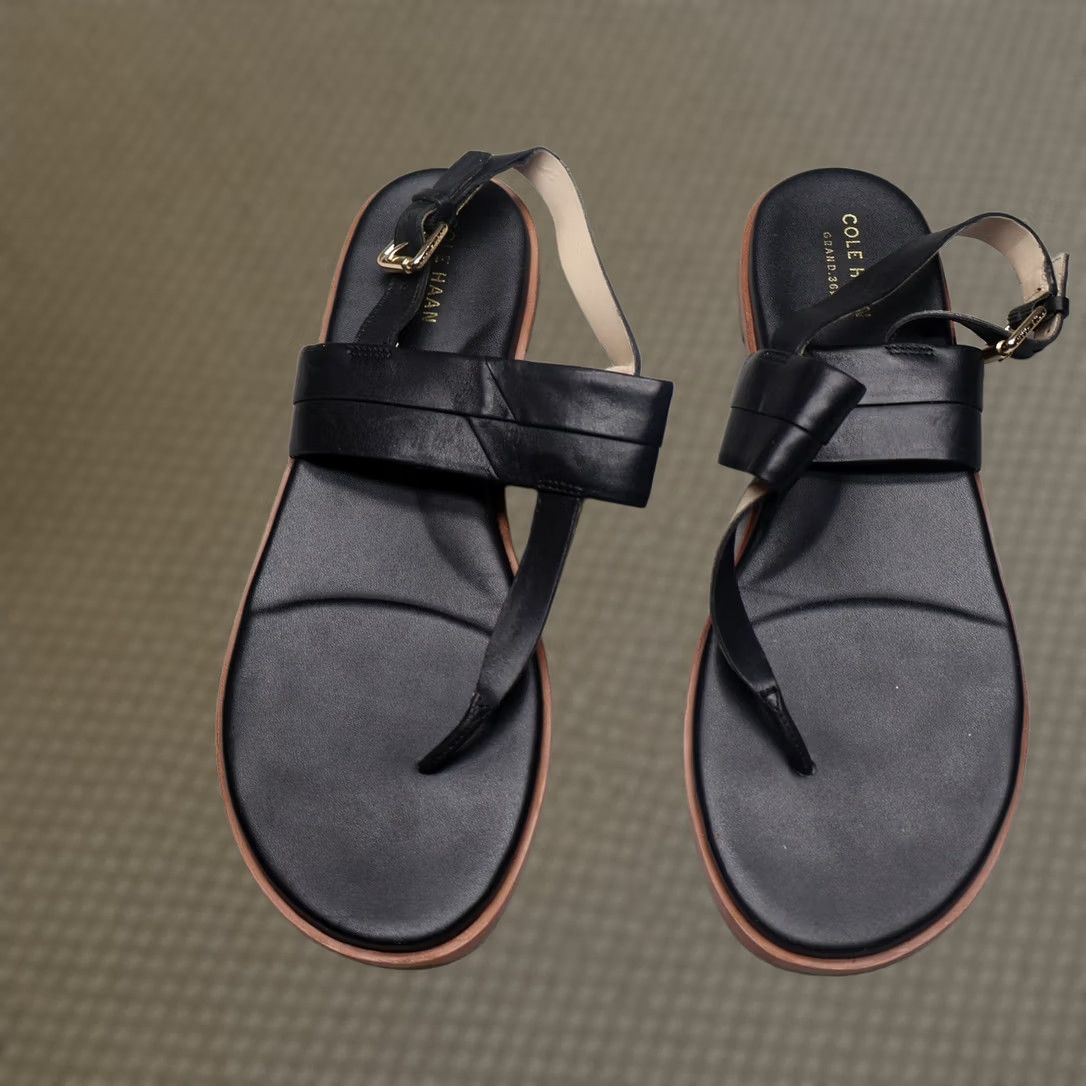 Cole Haan Cole Haan Women Sandals Black Leather T-Strap Buckle Flat Summer 9.5B Size US 10 / IT 40 - 1 Thumbnail