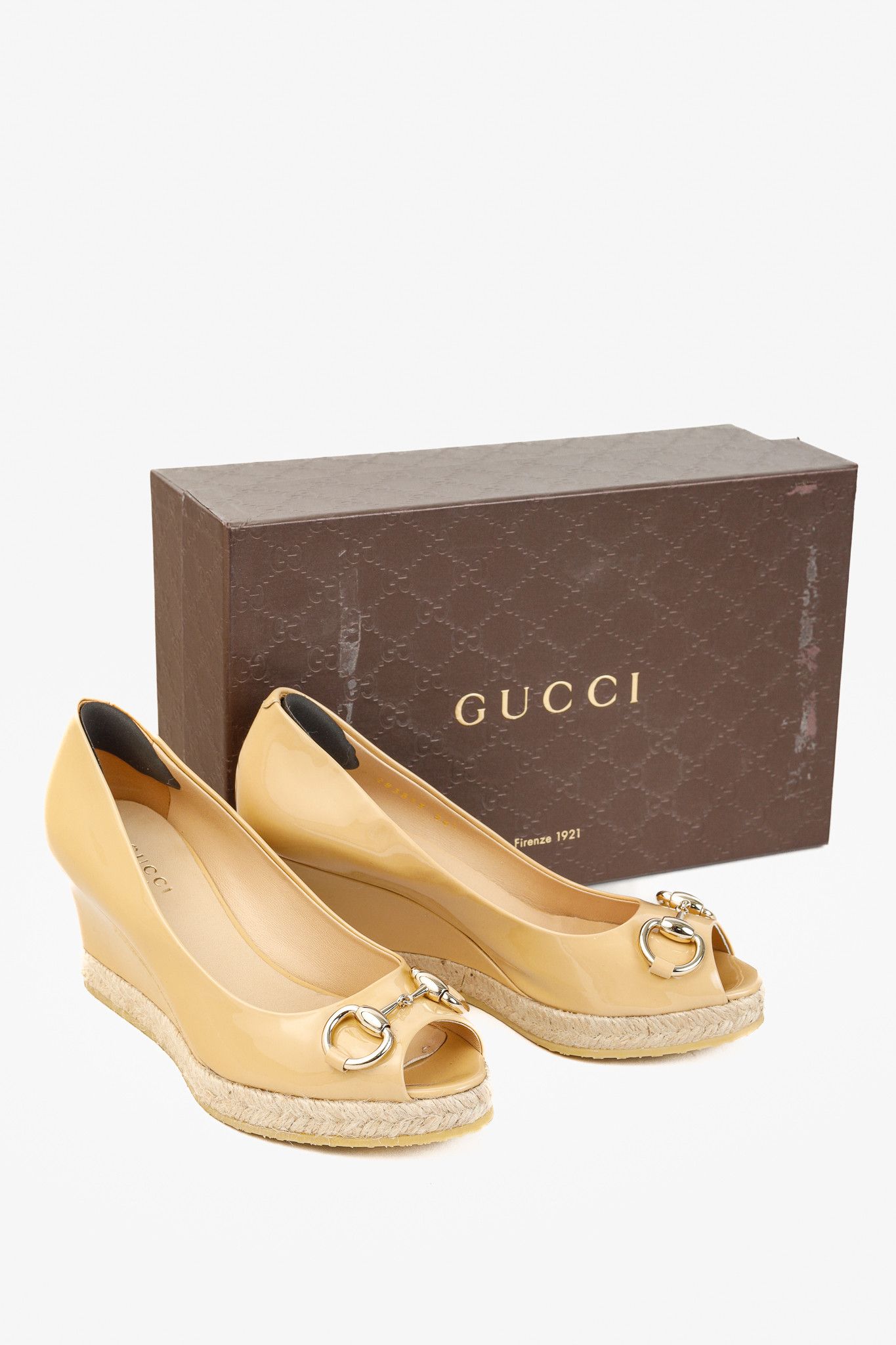 Gucci Gucci Silver Bit Peep-Toe Patent Leather Wedge Espadrille Size US 4.5 / IT 34.5 - 11 Thumbnail