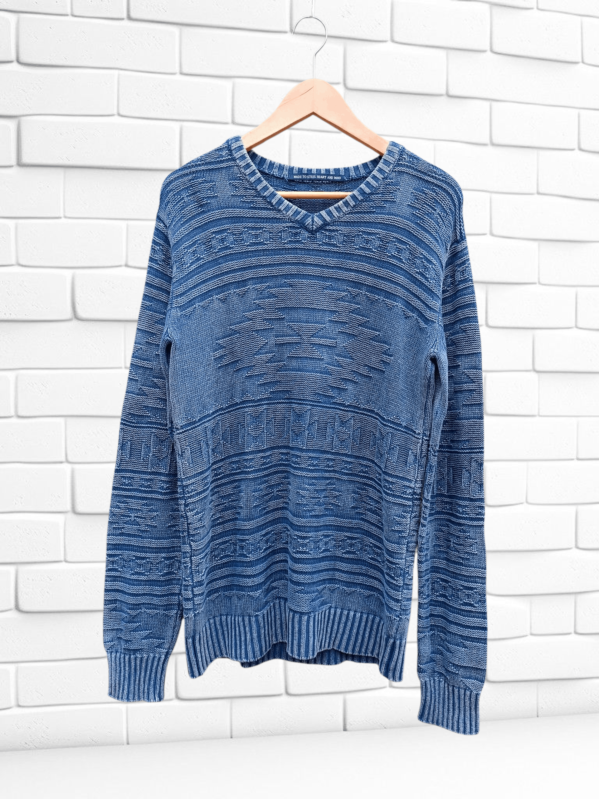 Japanese Brand Vintage Indigo Knit Denim Ortega Aztec Sweater Size US M / EU 48-50 / 2 - 1 Thumbnail