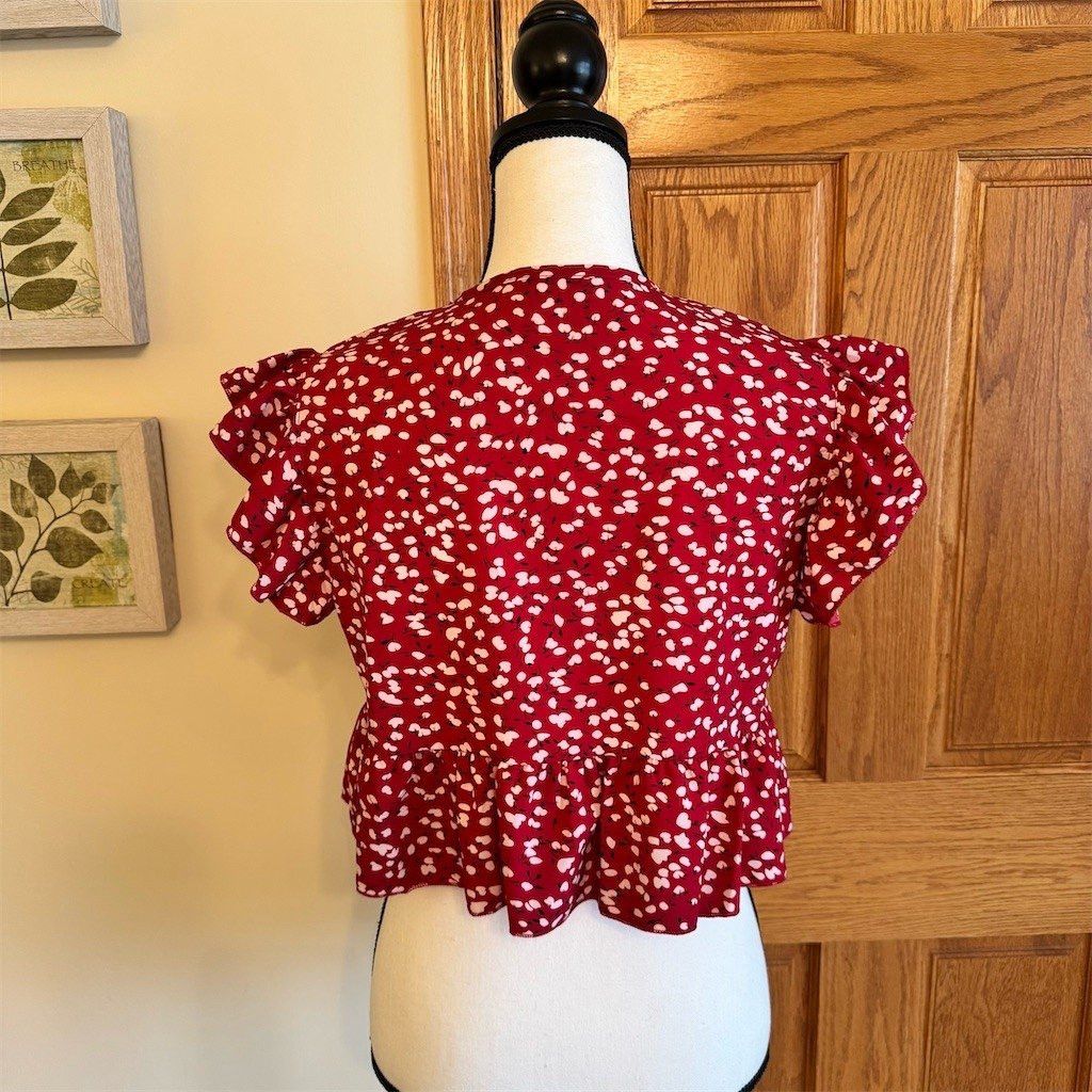 Shein SHEIN Blouse Womens Size M Red Ditsy Floral Tie Front Ruffl Size M / US 6-8 / IT 42-44 - 3 Thumbnail