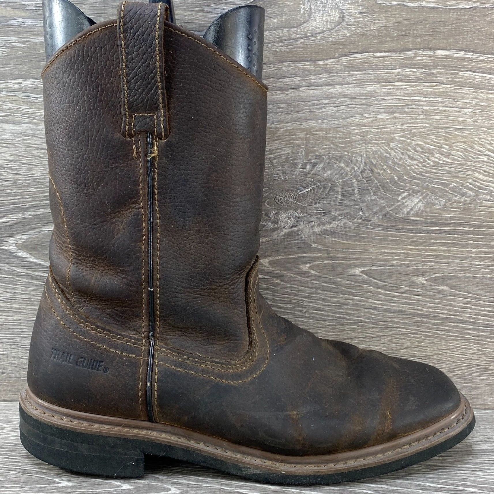 Vintage Trail Guide Dark Brown Leather Workwear Square Toe Cowboy Western Boots 8 M Mens Boot Leather Square Toe Work Boots Brown 80s Cowboy Theme Size US 8 / EU 41 - 2 Thumbnail