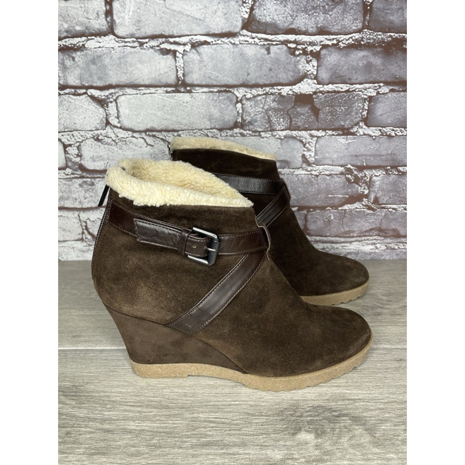 Aquatalia Aquatalia Brown Suede Faux Fur Strap Ankle Wedge Booties Wom Size US 10 / IT 40 - 17 Thumbnail