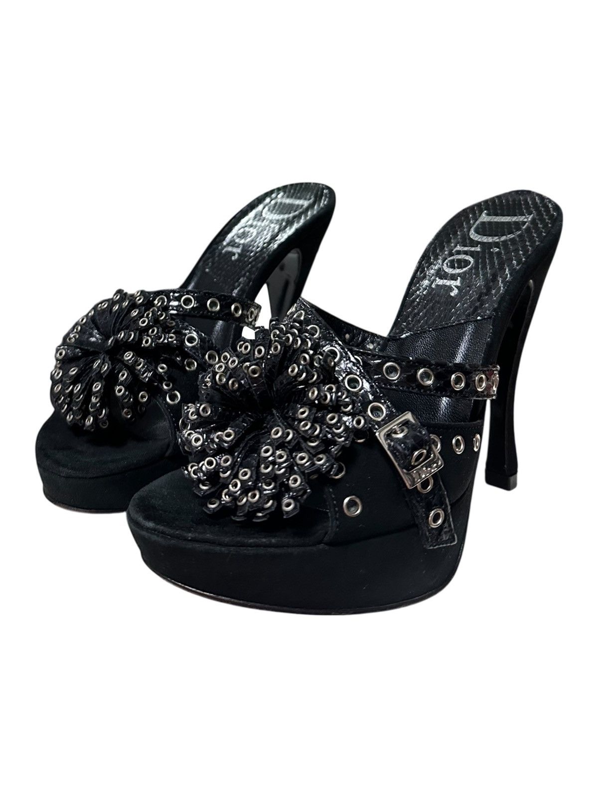 Dior CHRISTIAN DIOR S/S 2003 Suede Grommet Flower Heel Sandals Size US 5.5 / IT 35.5 - 1 Thumbnail