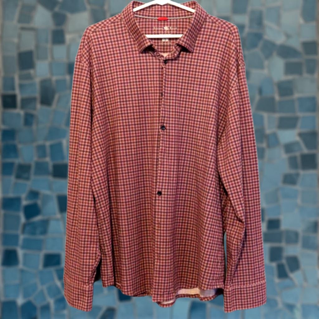 Vintage Stone Rose Shirt Adult 4XL Red Plaid Long Sleeve Button-Up Collared Cotton Regular Mens Size US XXL / EU 58 / 5 - 1 Thumbnail