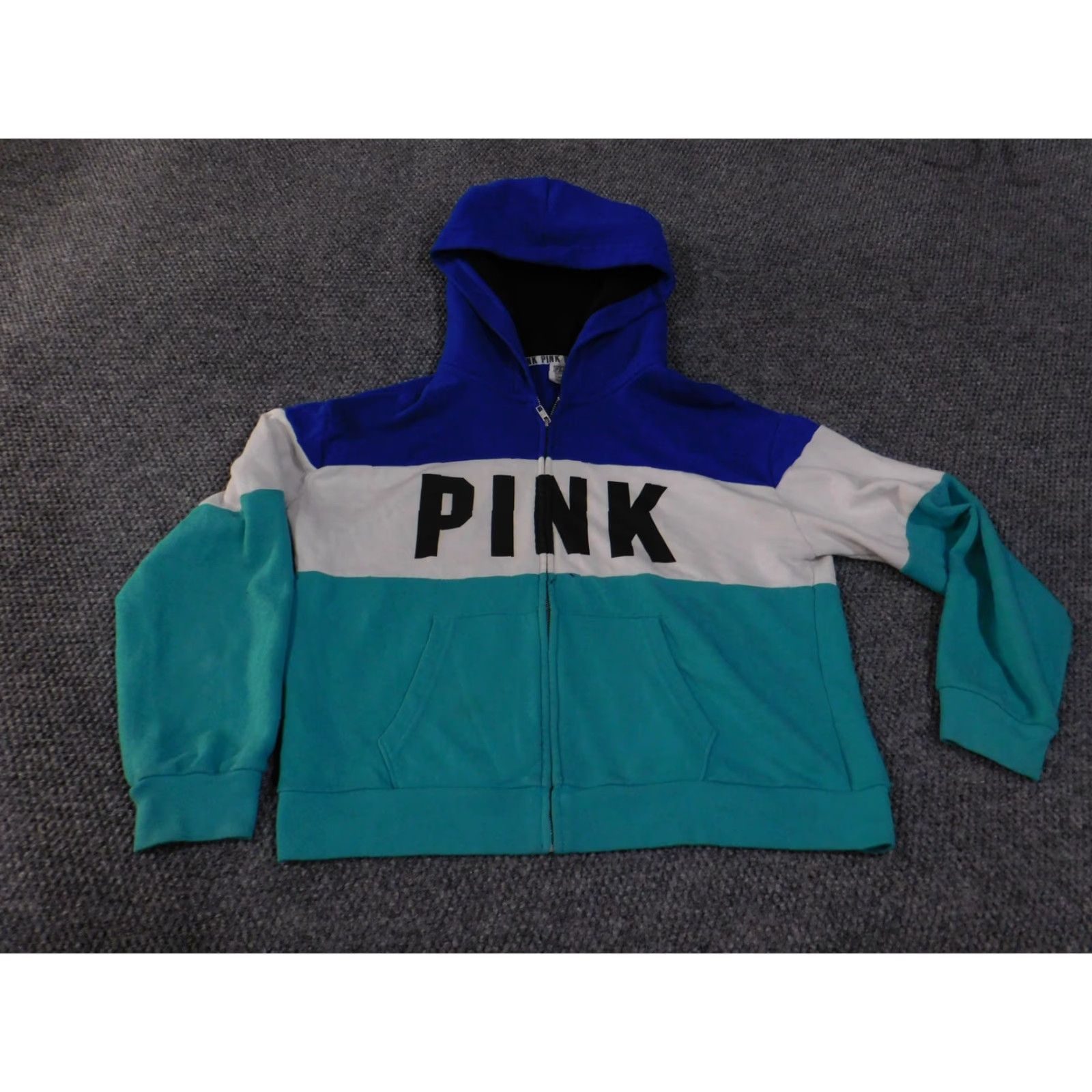 Pinko PINK Victoria's Secret Hoodie Womens Medium Blue White Teal Full Zip Colorblock Size M / US 6-8 / IT 42-44 - 2 Thumbnail