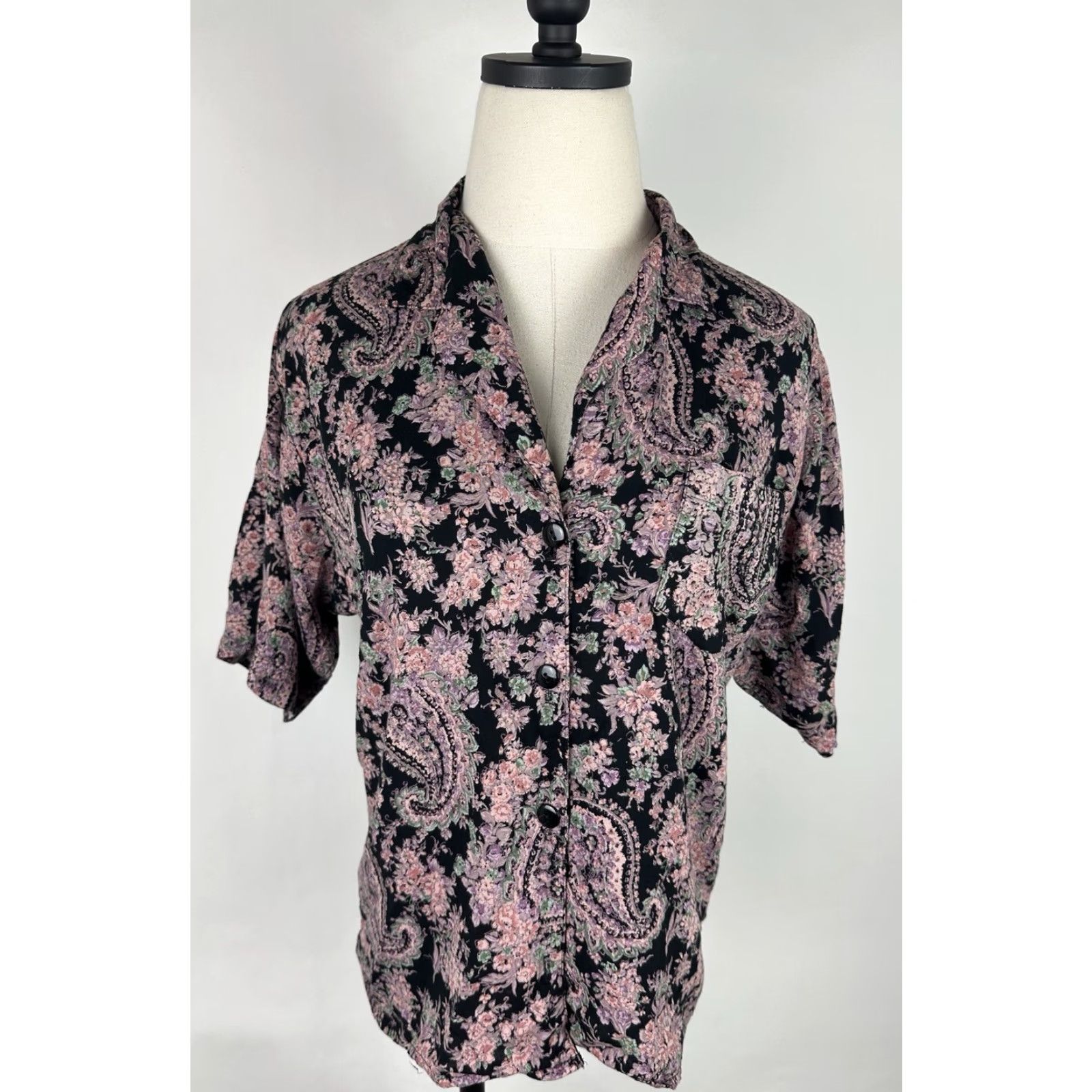Pinko VINTAGE Maren Blouse Shirt Womens S Pink Black Paisley 90s Bohemian Rayon Short Sleeve Button Size S / US 4 / IT 40 - 2 Thumbnail