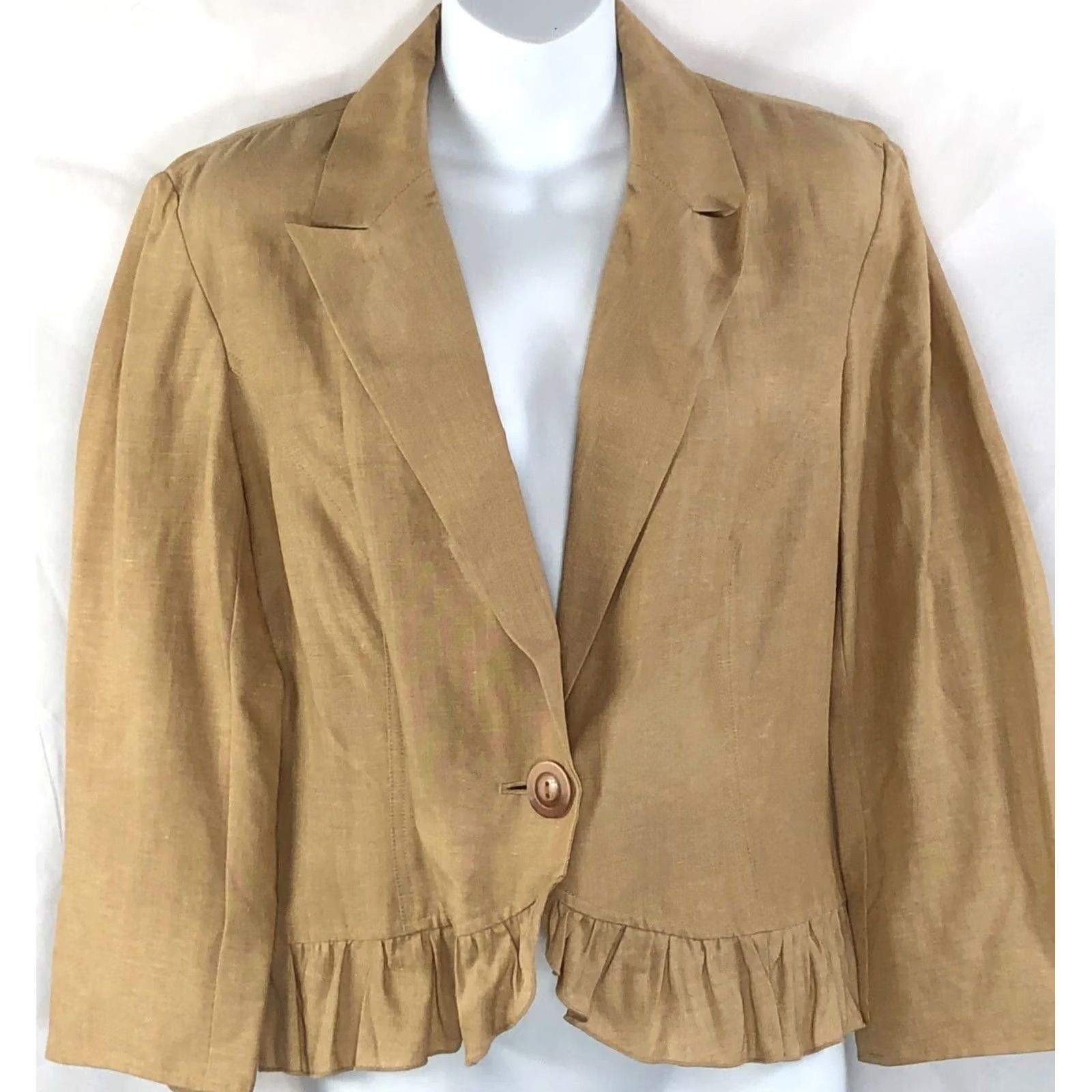 Vintage Bandolino Linen Blazer Jacket 12 Tan Cropped NWT Ruffles Coquette Academia Size XL / US 12-14 / IT 48-50 - 4 Thumbnail