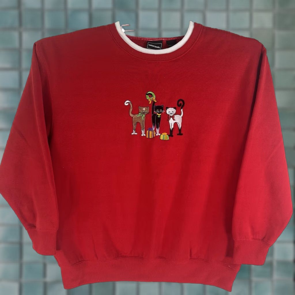 Vintage Bobbie Brooks Embroidered Cats Holiday Sweatshirt Womens L Red Size L / US 10 / IT 46 - 1 Thumbnail