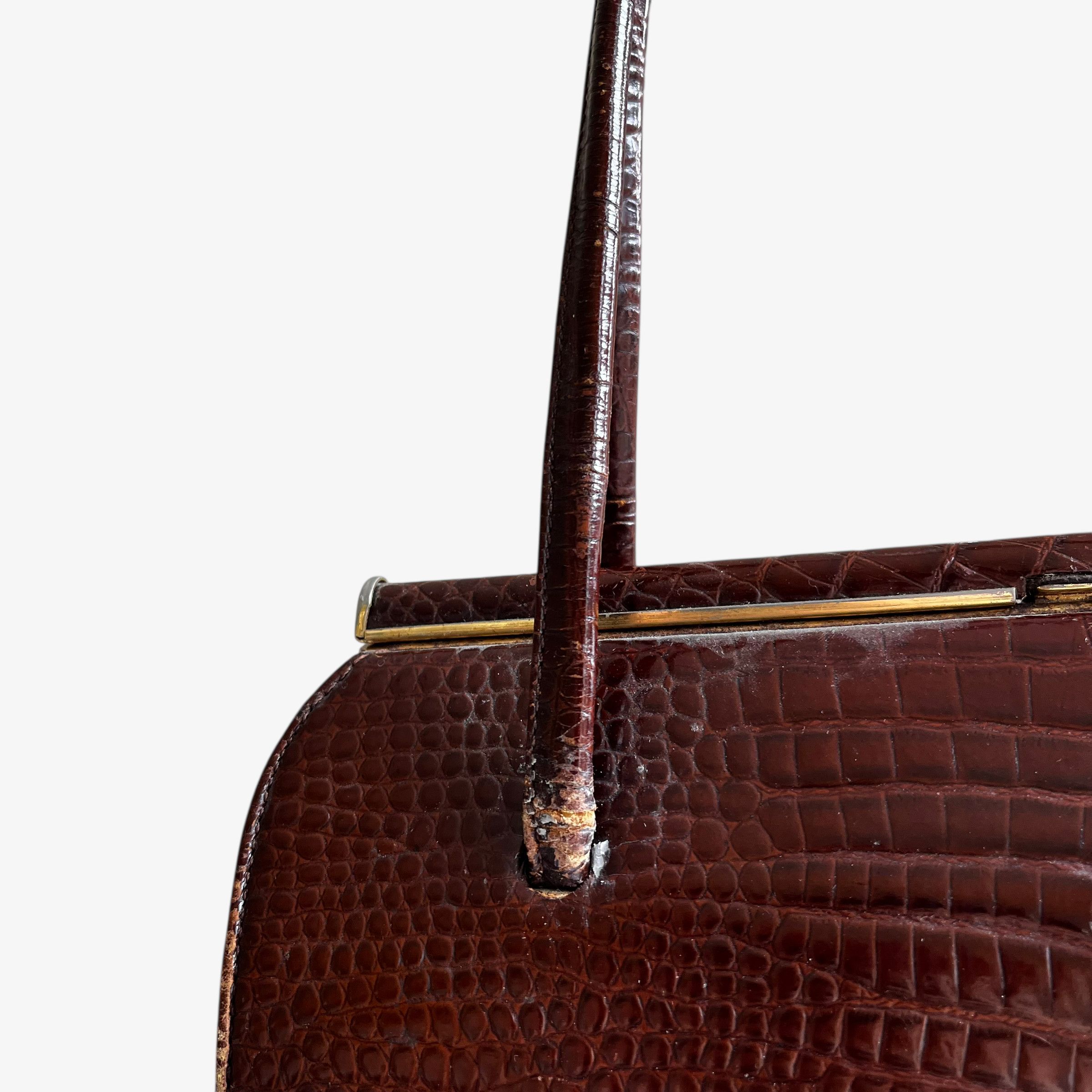 Other Vintage 1950s Crocodile Embossed Brown Leather Shoulder Bag Size ONE SIZE - 11 Thumbnail