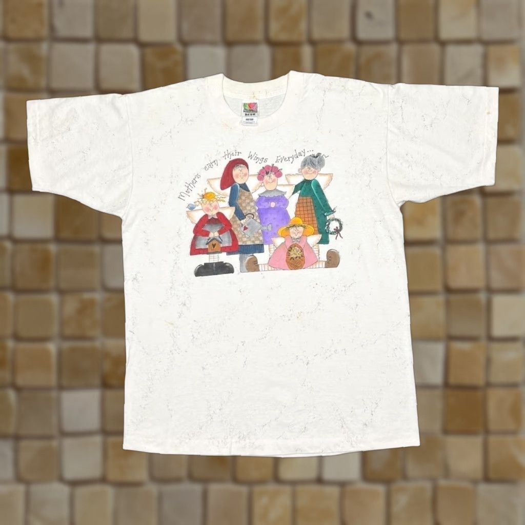 Fruit Of The Loom Vintage Mothers Earn Their Wings Everyday Ink Splatter Single Stitch T-Shirt L Mens Cotton White 90s 90’s Size US L / EU 52-54 / 3 - 1 Thumbnail