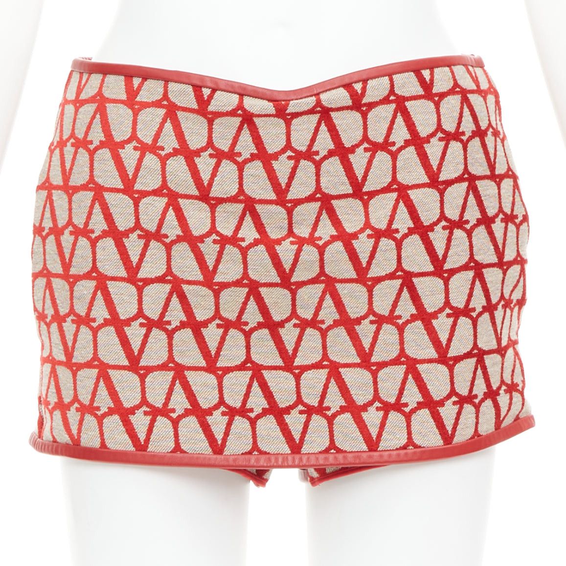 Valentino VALENTINO Toile Iconographe red beige logo leather trim mini skort IT38 XS Size 26" / US 2 / IT 38 - 1 Thumbnail