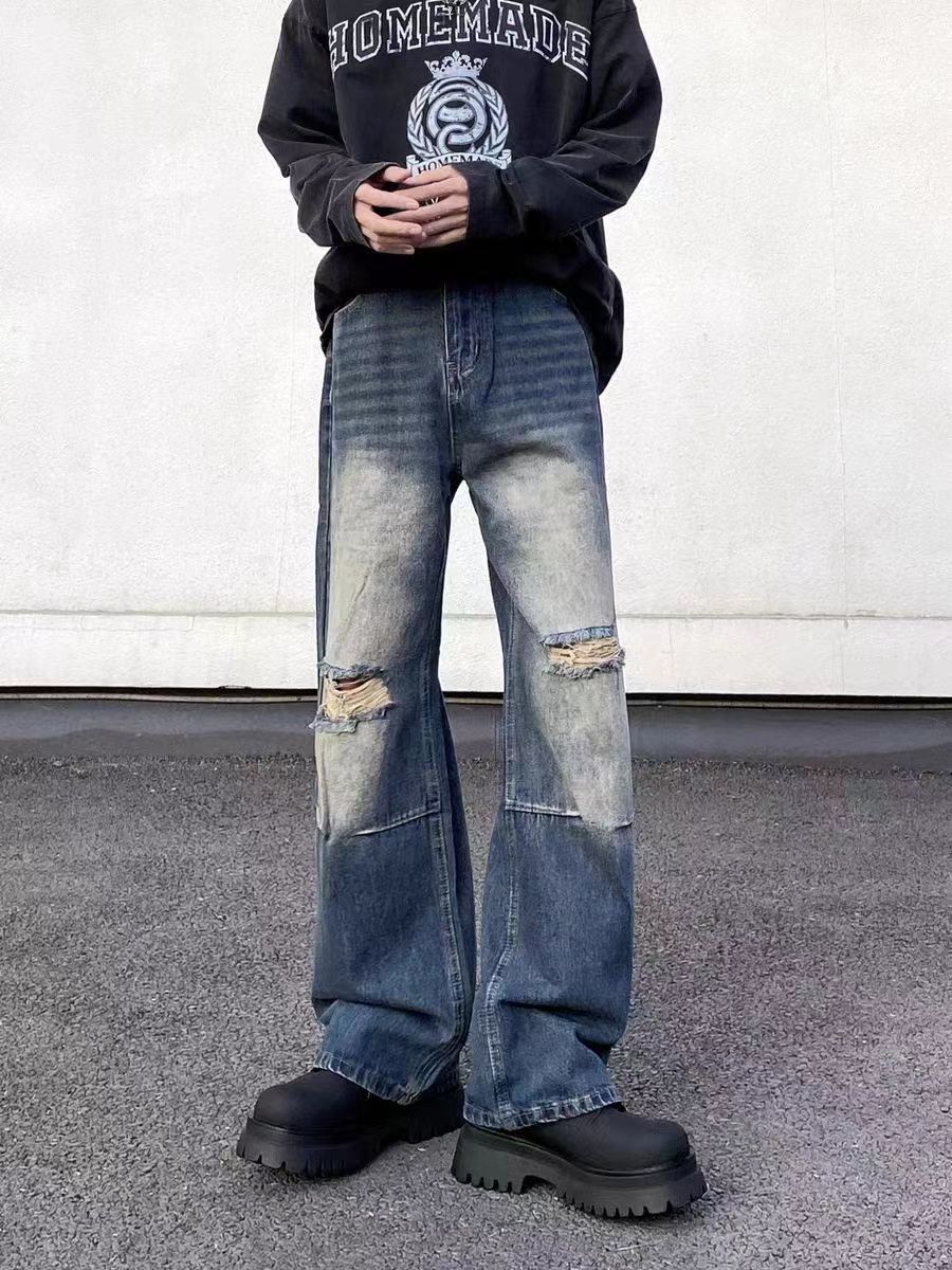 Street hip hop washed ripped loose bootcut jeans