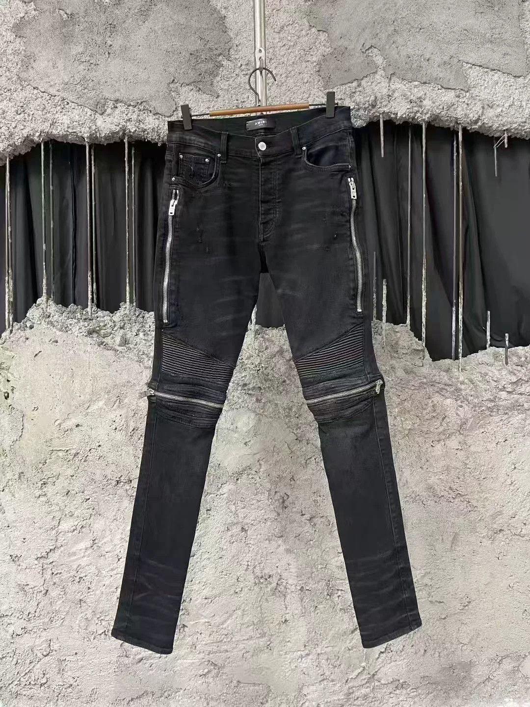 Amiri Amiri Mx2 Black Leather Patchwork Zipper Biker Jeans Size US 31 - 1 Thumbnail