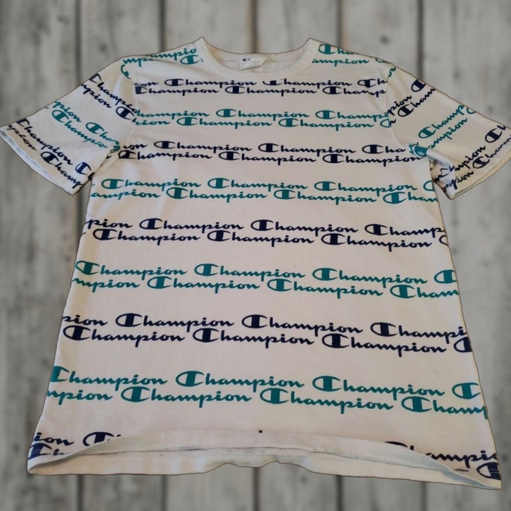 VINTAGE Champion Multicolor SpellOut Crew Neck Short Sleeve Mens