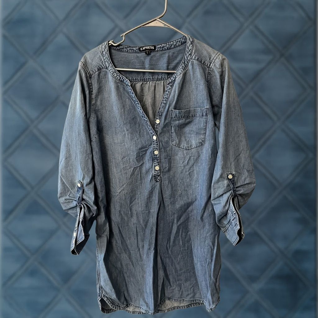 express denim shirt dress Denim Long Sleeve Button Front Midi Shirt Dress With Pockets