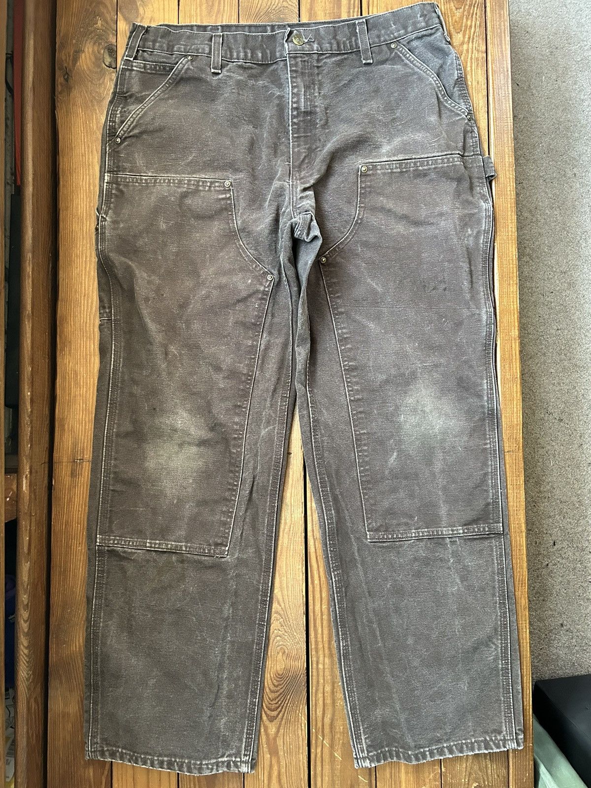 image of Carhartt Brown Faded Distressed Double Knee Pants, Men's (Size 34)