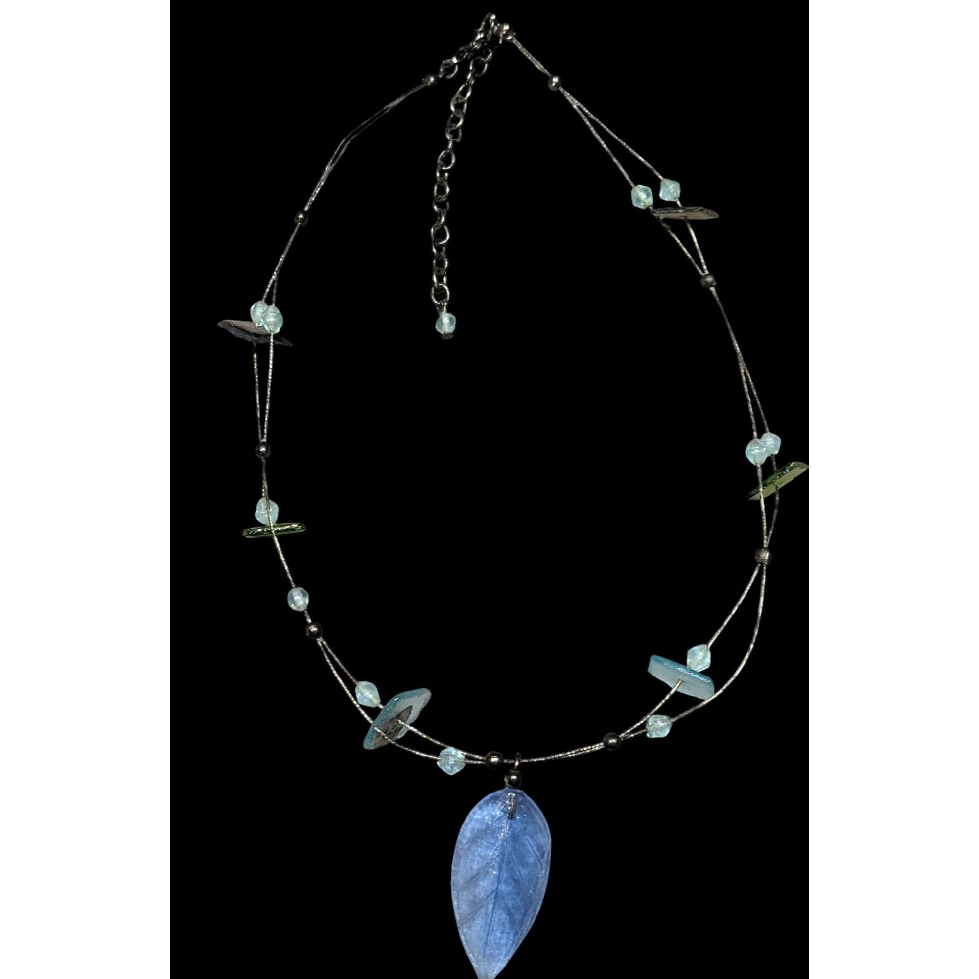 Handmade Handcrafted Necklace With Blue Glass Leaf Pendant & Green Ac Size ONE SIZE - 1 Thumbnail