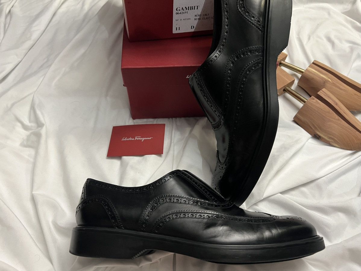 Salvatore Ferragamo Gambit Black Calf Slip-on Brogue Size US 11 / EU 44 - 2 Thumbnail