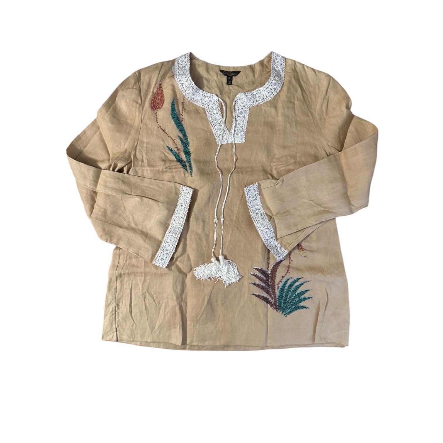 Other Christine Phillipe Womens Tan Shirt Floral Beading – Size 10 Size L / US 10 / IT 46 - 1 Thumbnail