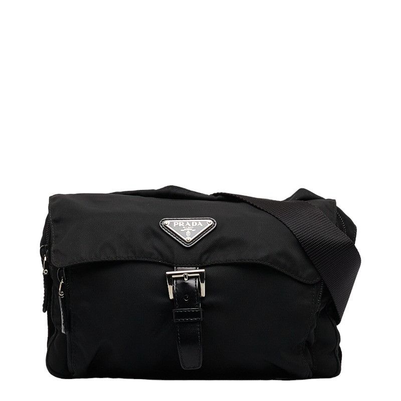 Prada Triangle Logo Plate Crossbody Shoulder Bag Black Nylon