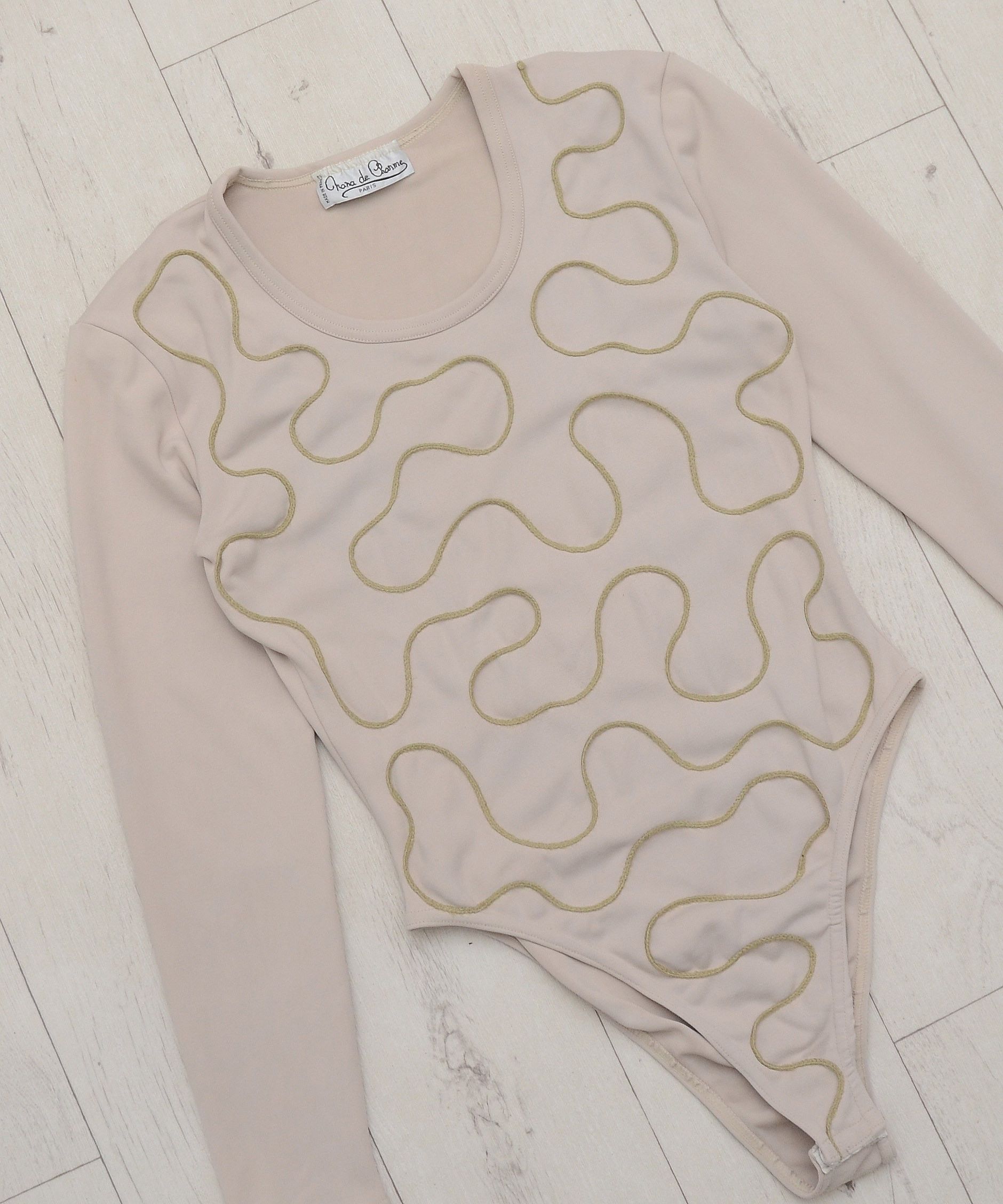 Vintage Elegant Beige Bodysuit Gold Embroidery Chara de Crome Paris Size ONE SIZE - 2 Thumbnail
