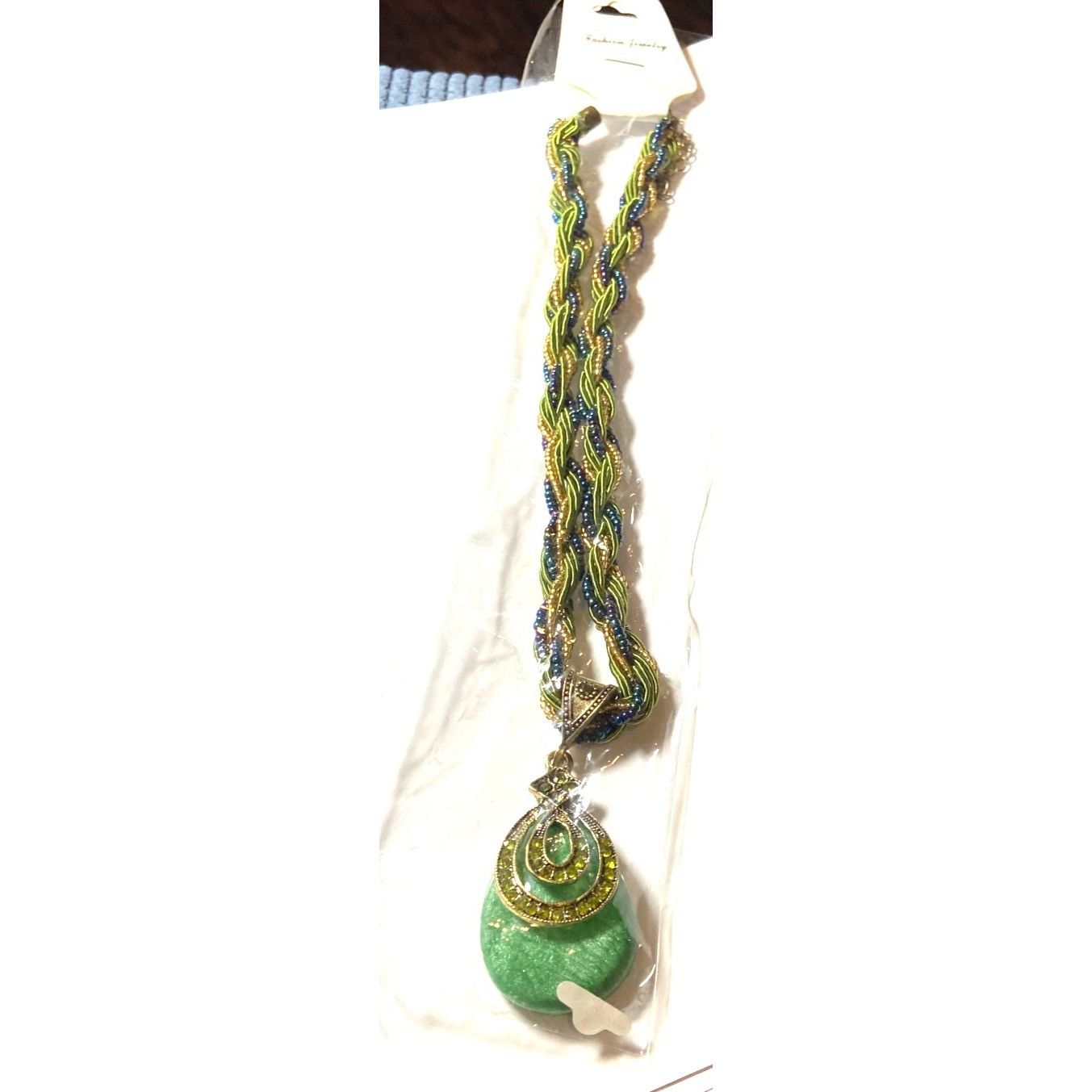 Other Bohemian Braid Necklace Green Resin Pendant 16" Blue & Gold Size ONE SIZE - 9 Thumbnail