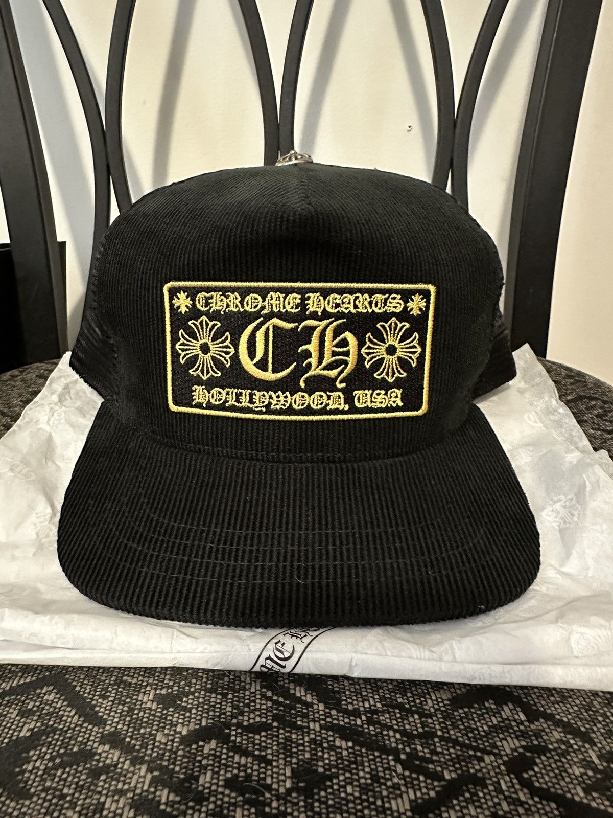 image of Chrome Hearts Ch Corduroy Trucker Hat in Black, Men's