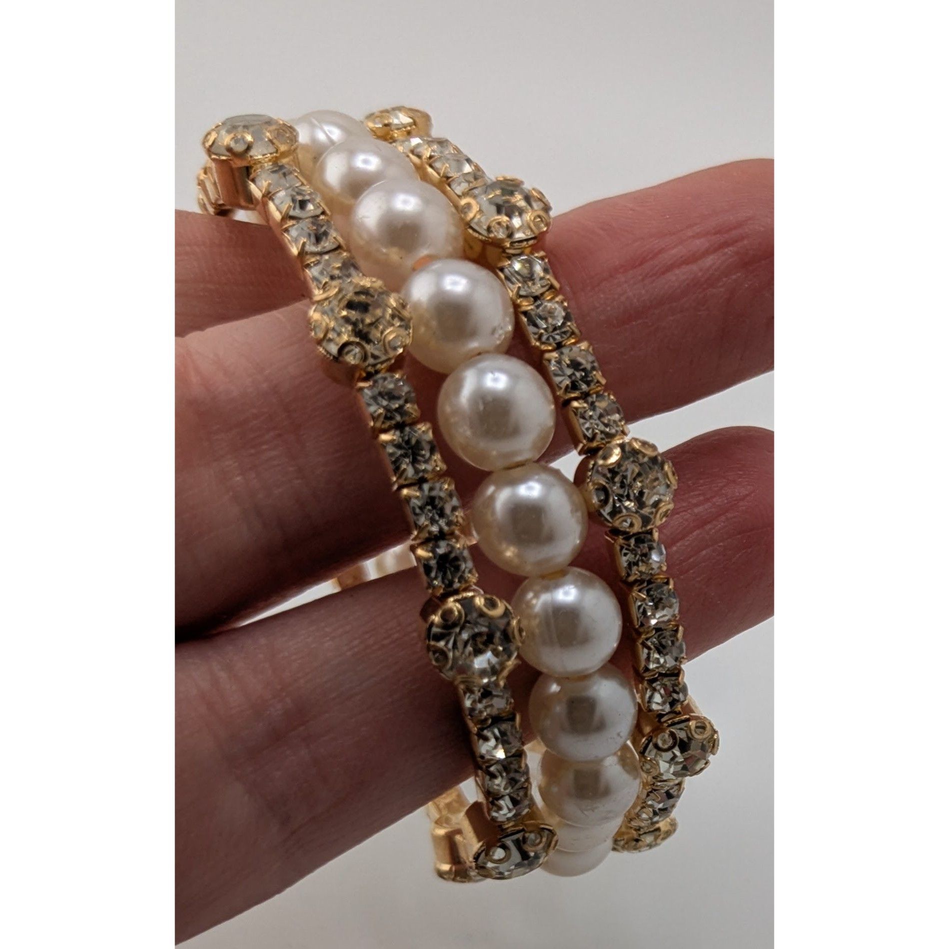 Other Elegant Gold Tone & Faux Pearl Coil Bracelet With Rhinestone Size ONE SIZE - 6 Thumbnail