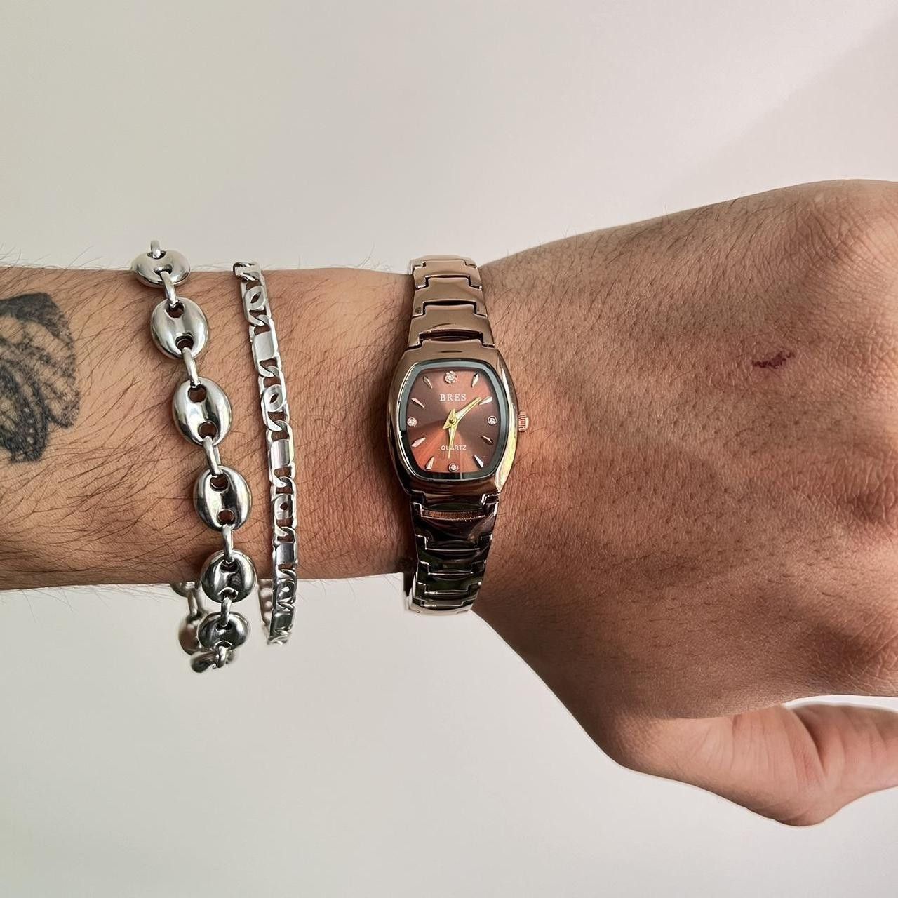 Jewelry x Silver 2000S Vintage Style Stainless Steel Quartz Bres Luxury Watch in Brown, Men's