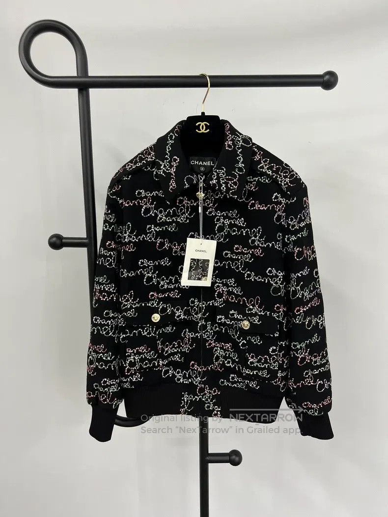 Chanel 25B black embroidered sequin signature llogo jacket