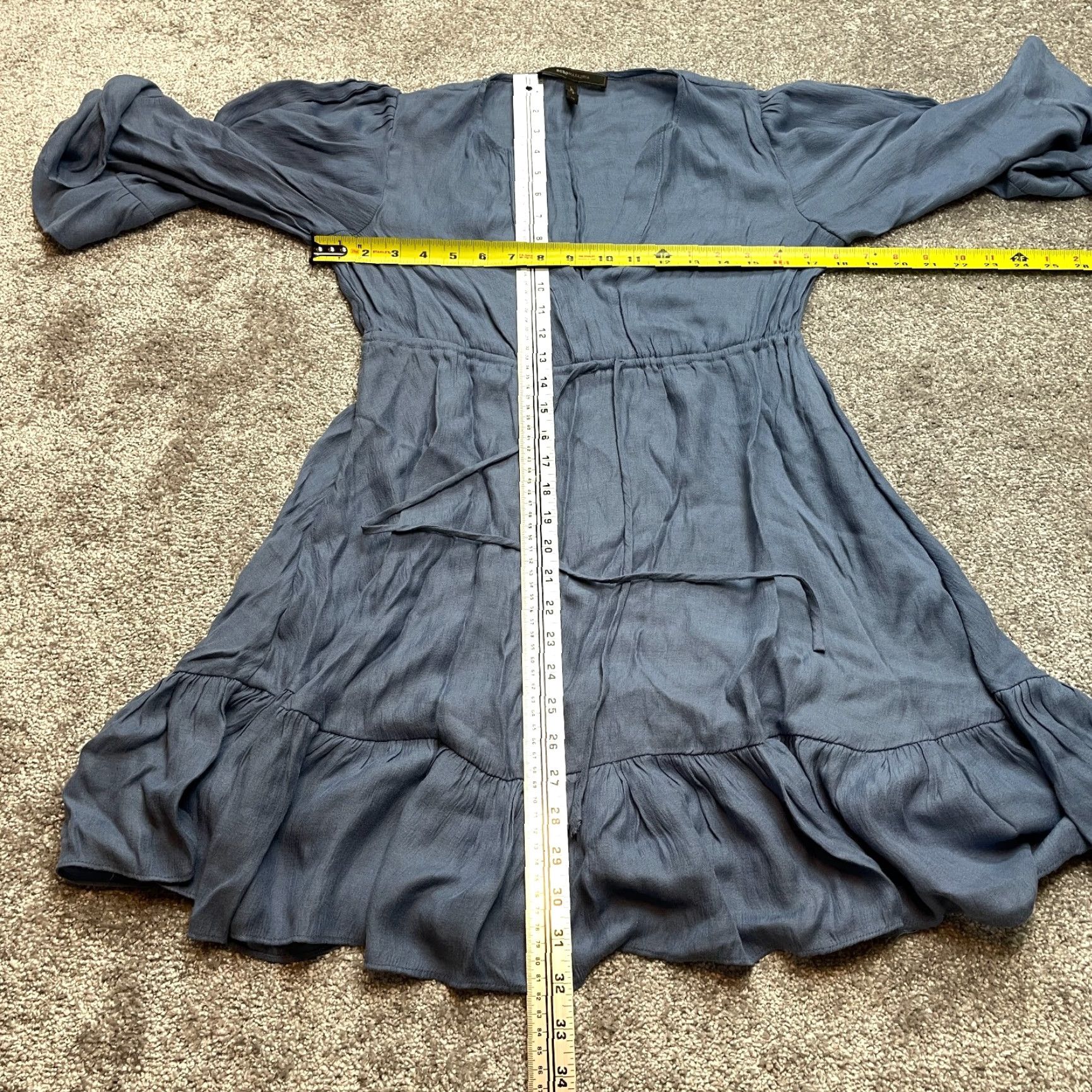 Bcbgmaxazria BCBGMAXAZRIA Blouson Dress Womens XS Blue Long Sleeve V-Neck Tie Waist Midi Dress Size XS / US 0-2 / IT 36-38 - 4 Thumbnail