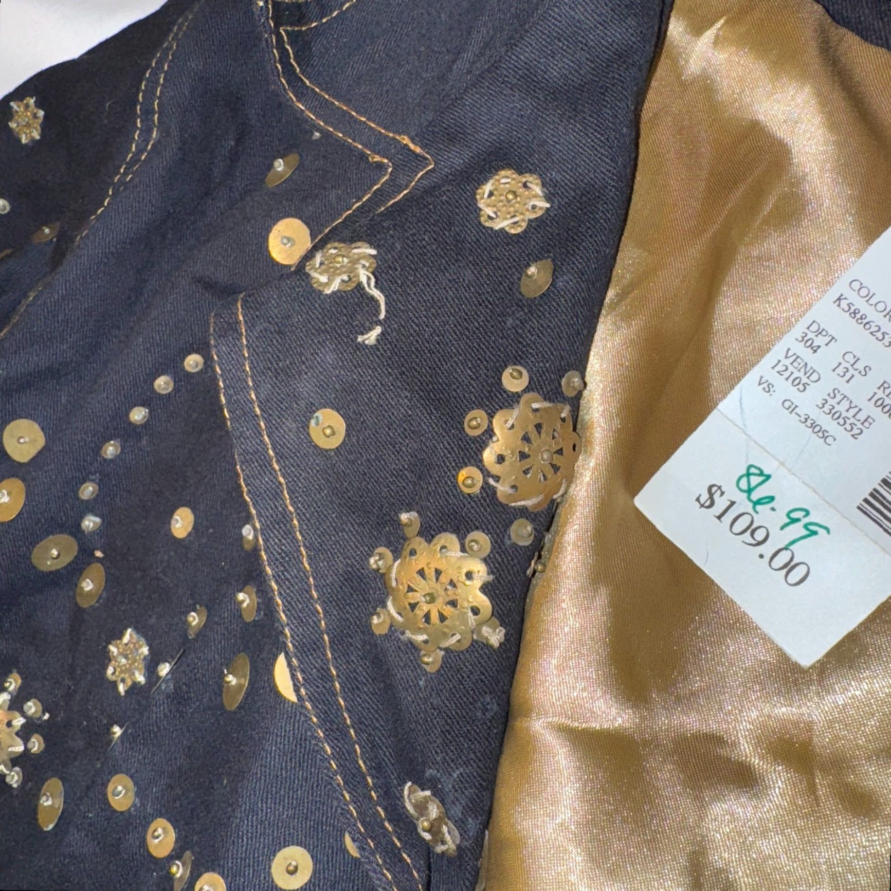 Denime Giclee Denim Jacket 30W Gold Lining & Gold Sequined Floral Embilsihed NWT Size 4XL / US 24-26 - 3 Thumbnail