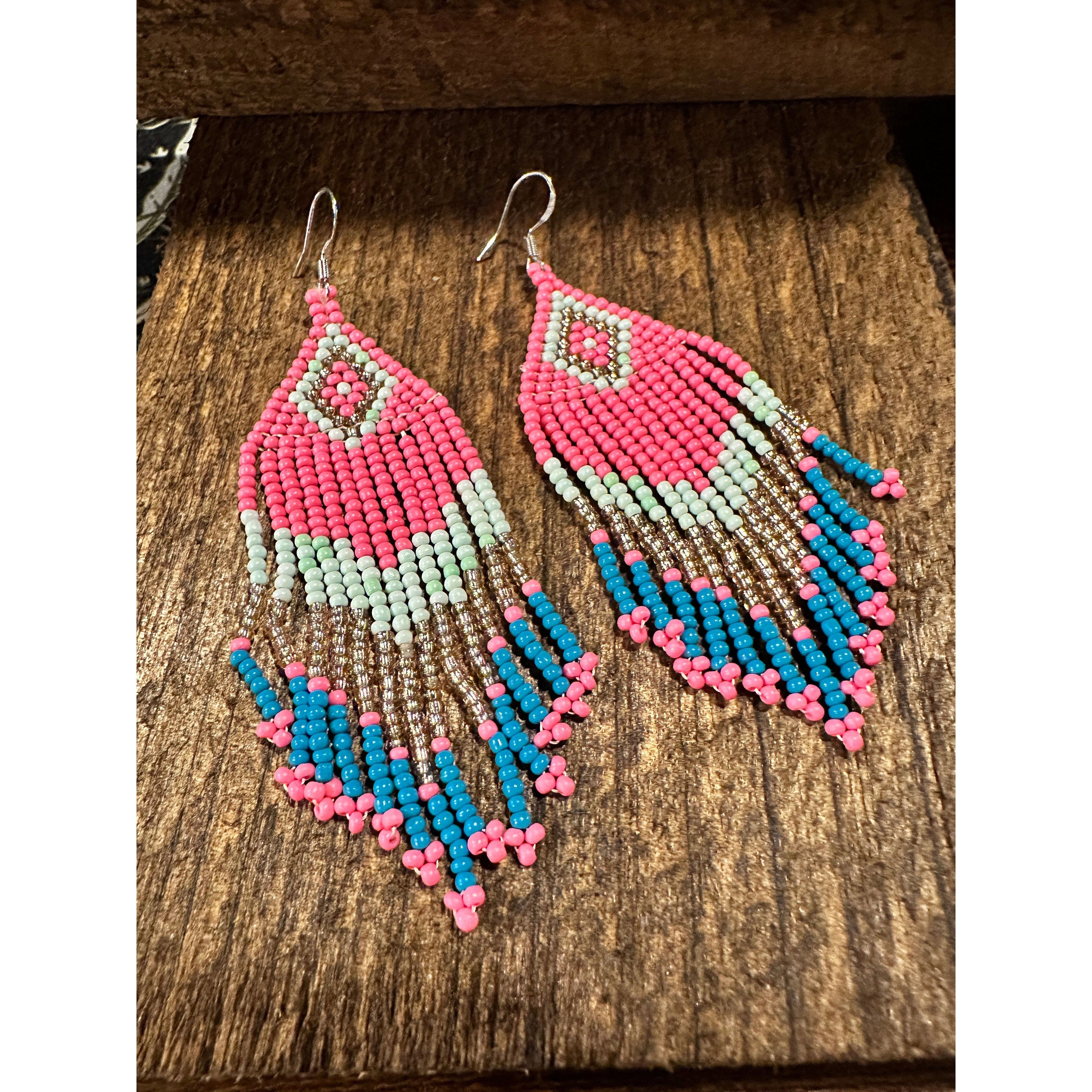 Other Navajo-Inspired Boho Seed Bead Dangle Earrings in Pink and B Size ONE SIZE - 7 Thumbnail