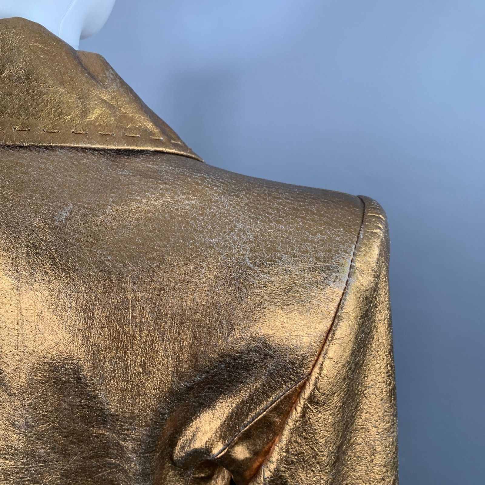 Just Cavalli Size 4 Gold Metallic Leather Distressed Snaps Coat Size S / US 4 / IT 40 - 6 Thumbnail