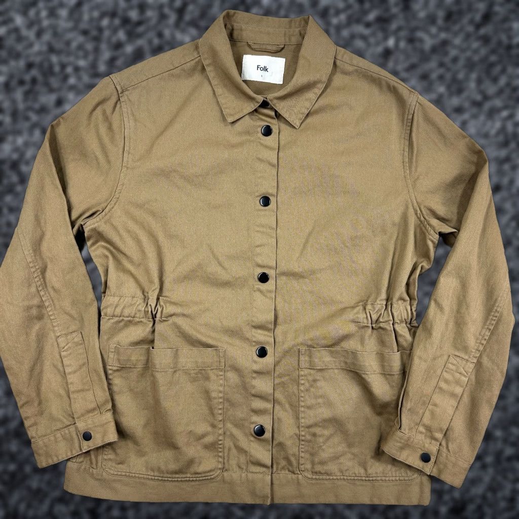 Folk Jacket Womens XS Brown Canvas Long Sleeve Pockets Drawstring Waist Utility Chore Coat