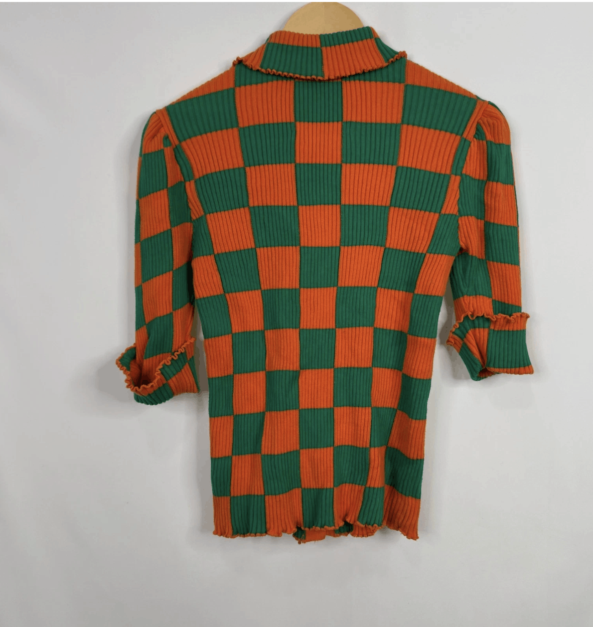 Other Motoguo Orange Green Checkered Ribbed Knit Ruffle Cardigan Size S / US 4 / IT 40 - 9 Thumbnail