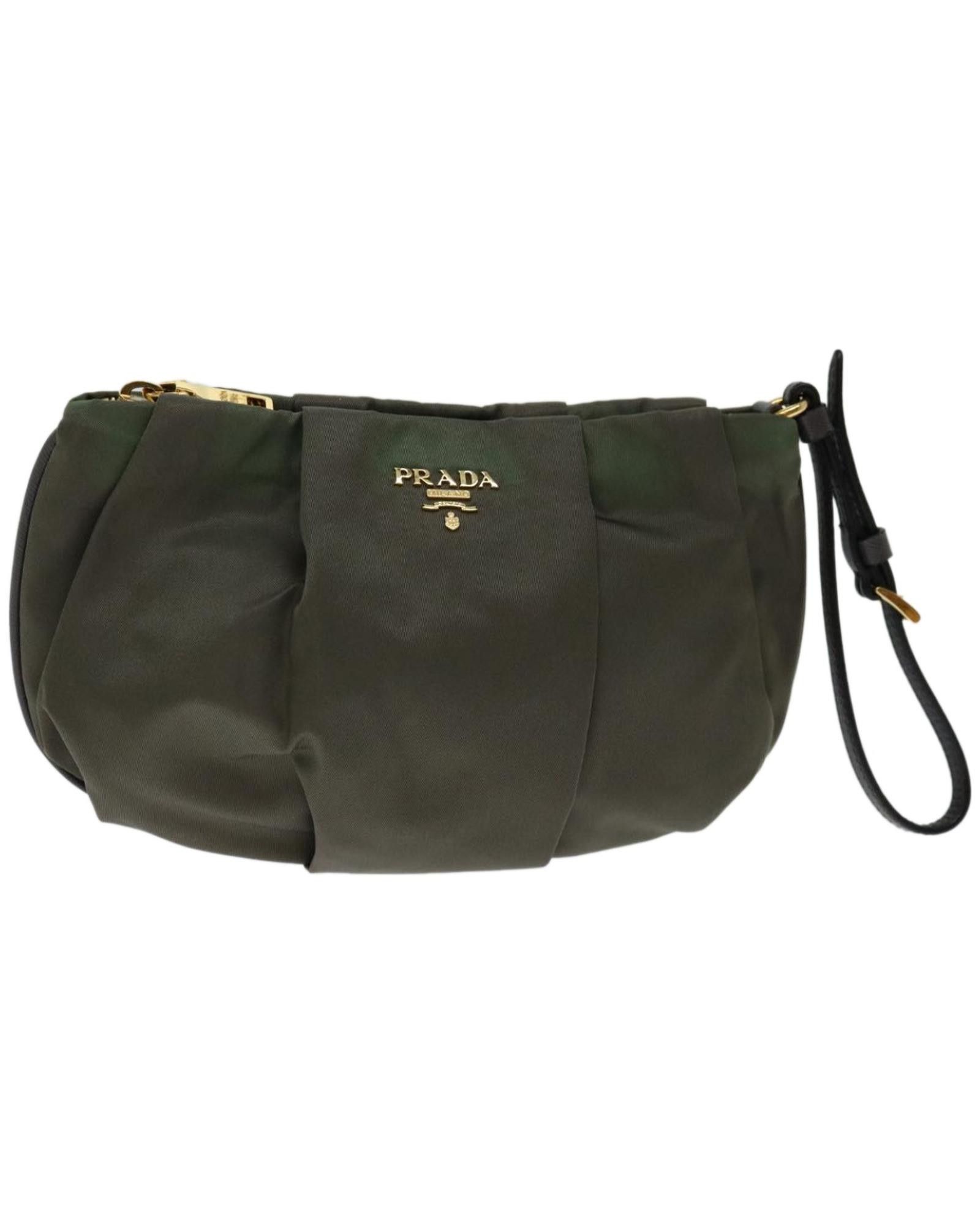 image of Prada Stylish Khaki Nylon Pouch With Metal Fittings By Italian Designer, Women's