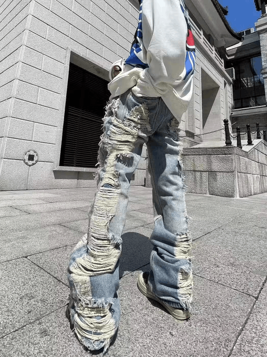 Streetwear Blue fade hiphop damaged ripped faded flared jeans