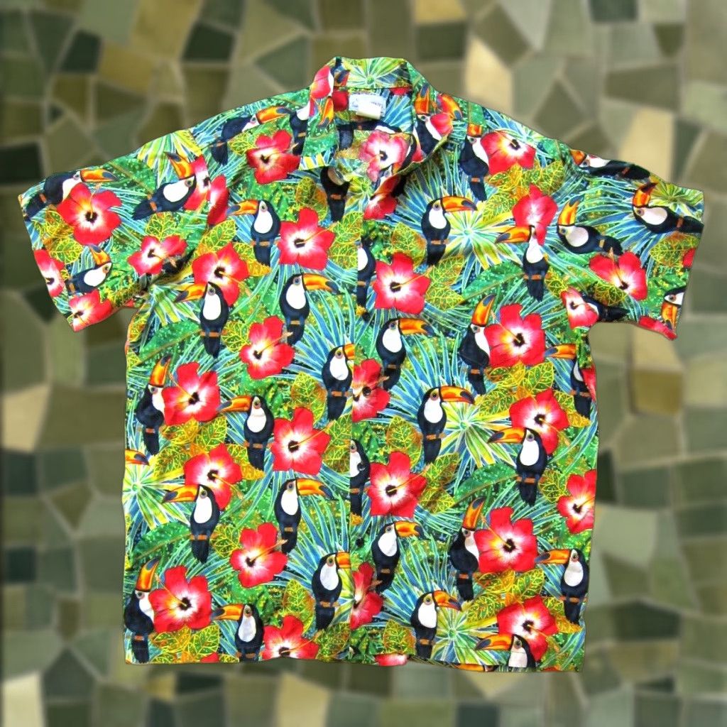 Vintage Vtg Seawind Shirt 3X Hawaiian Short Sleeve Cotton Red Green Floral Toucan Bird Mens Size US XXL / EU 58 / 5 - 1 Thumbnail