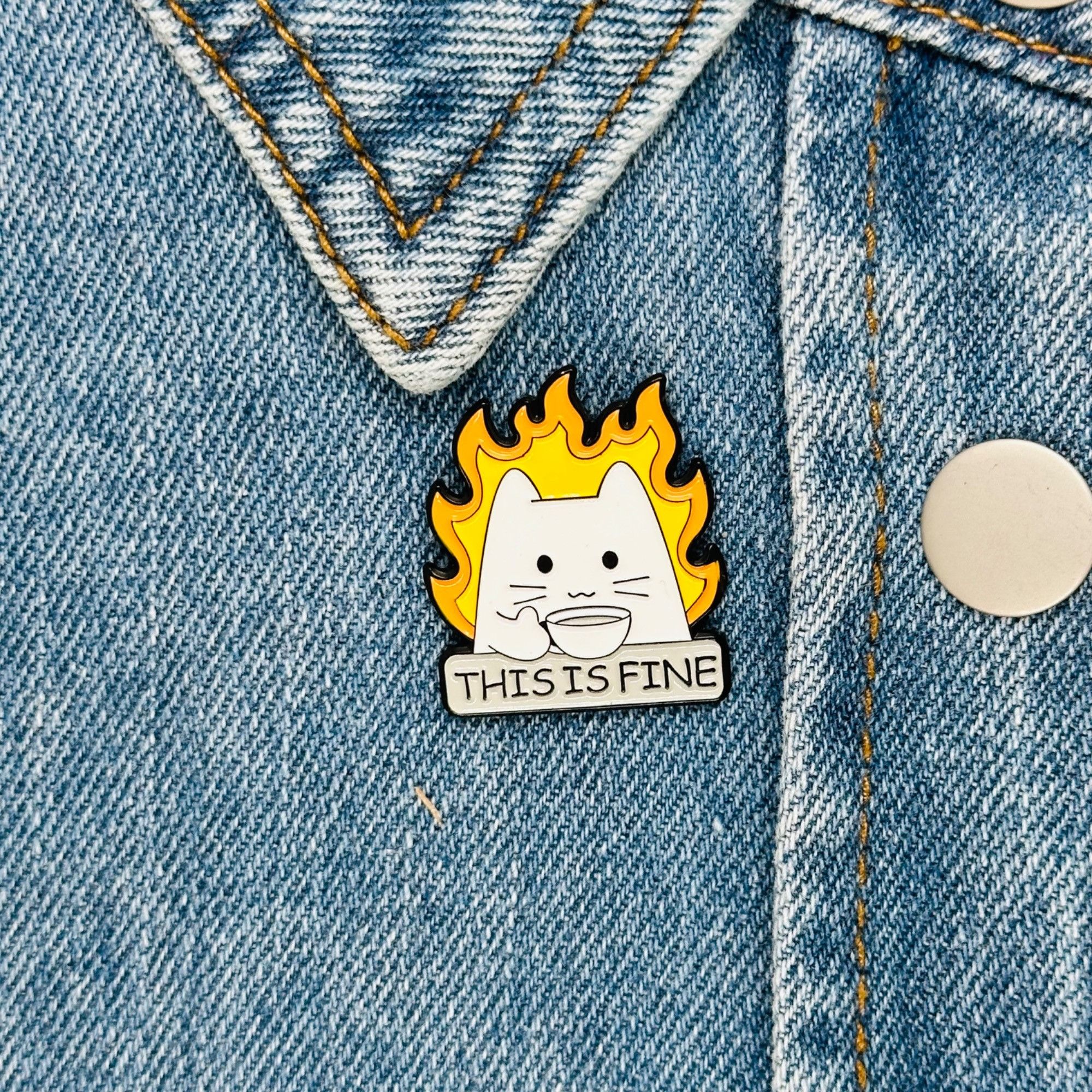 Other 🤩This Is Fine Cat On Fire Sipping Tea Enamel Pin Animal Bro Size ONE SIZE - 1 Thumbnail