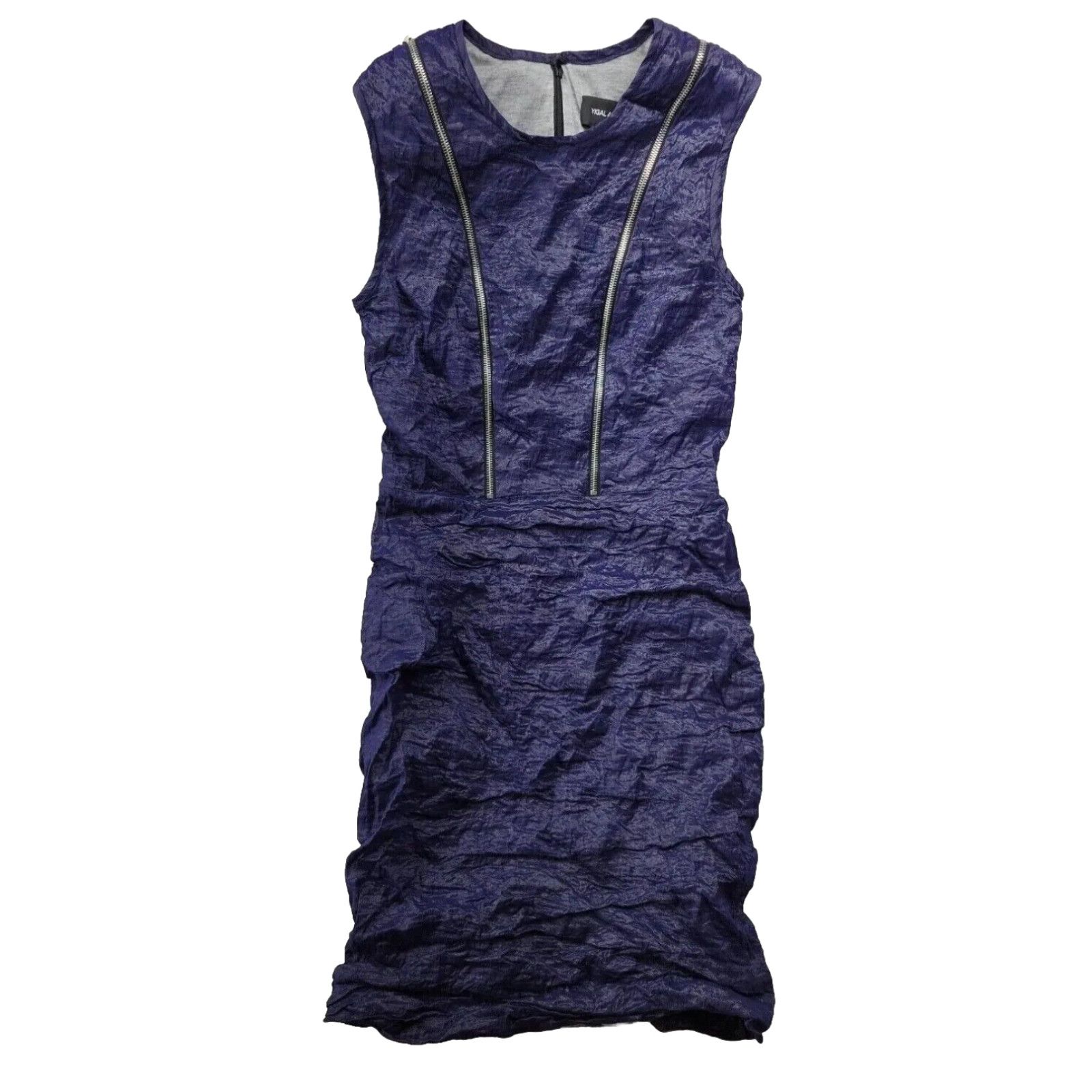 image of Vintage Yigal Azrouel 10 Dark Blue Bodycon Dress Crinkle Lined Front Zipper Stretch in White, Women