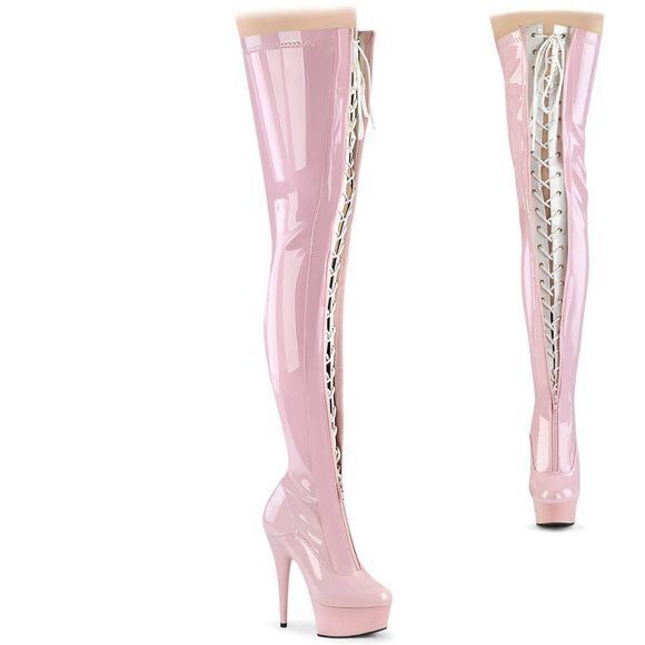 Baby Pink White Patent Platform Thigh High Heel Front Zipper