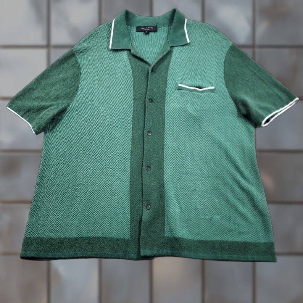 Rag & Bone rag & bone Shirt Mens XL Green Knit Button Up Collar Herringbone Pocket Stretch Size US XL / EU 56 / 4 - 1 Thumbnail