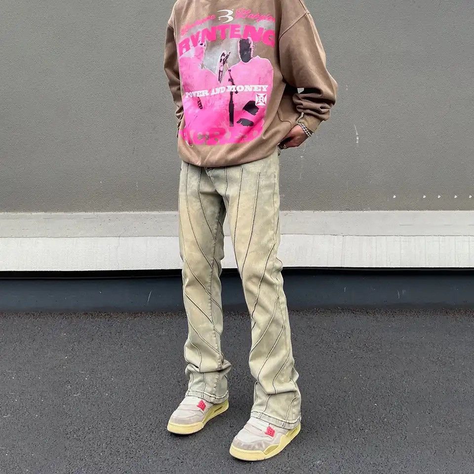 image of Distressed Denim x Vintage Slim Jeans For Men Street Fashion Y2K Denim Pants in Yellow (Size 27)