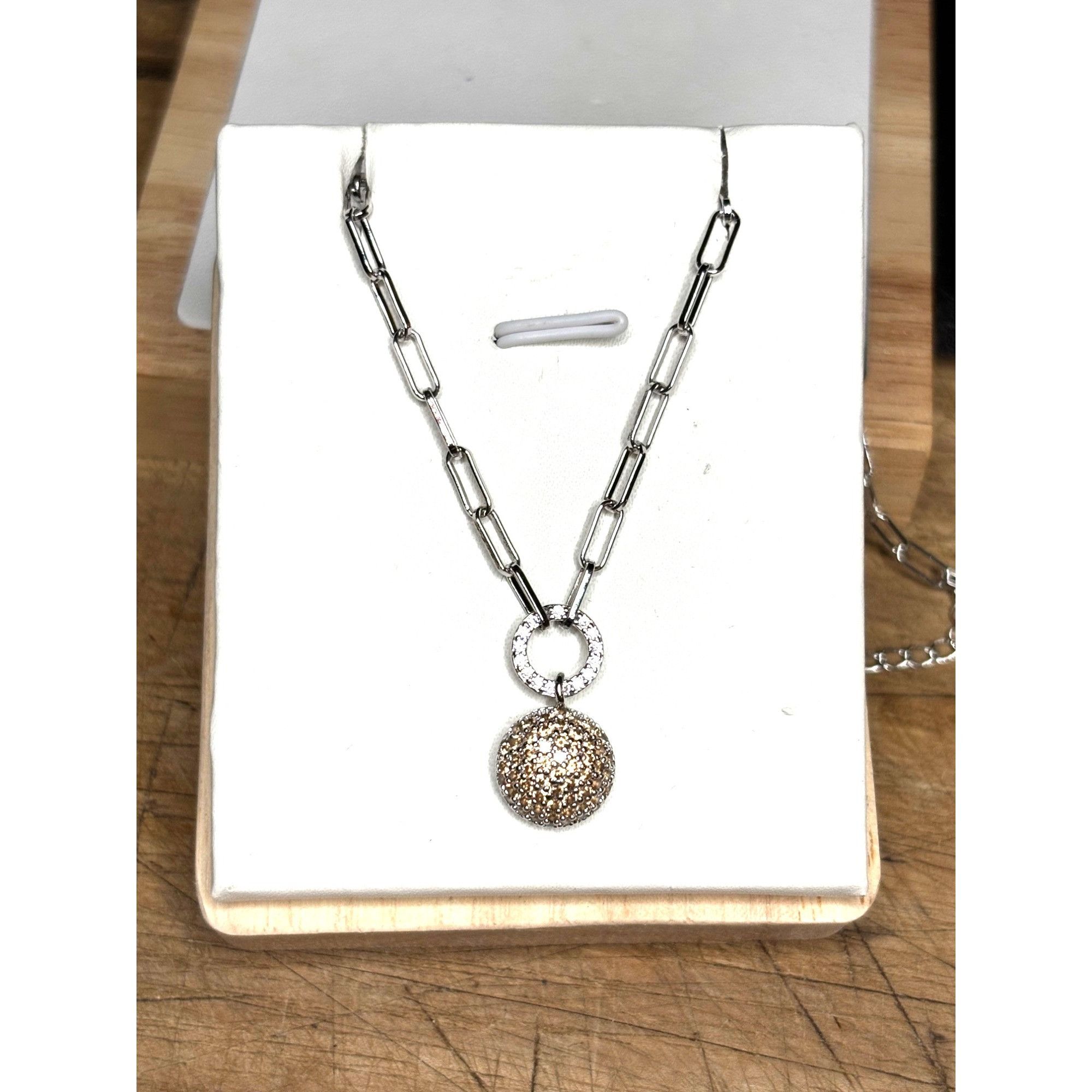 Other Silver Necklace With Rhinestone Ball Pendant & Chain Link De Size ONE SIZE - 2 Thumbnail