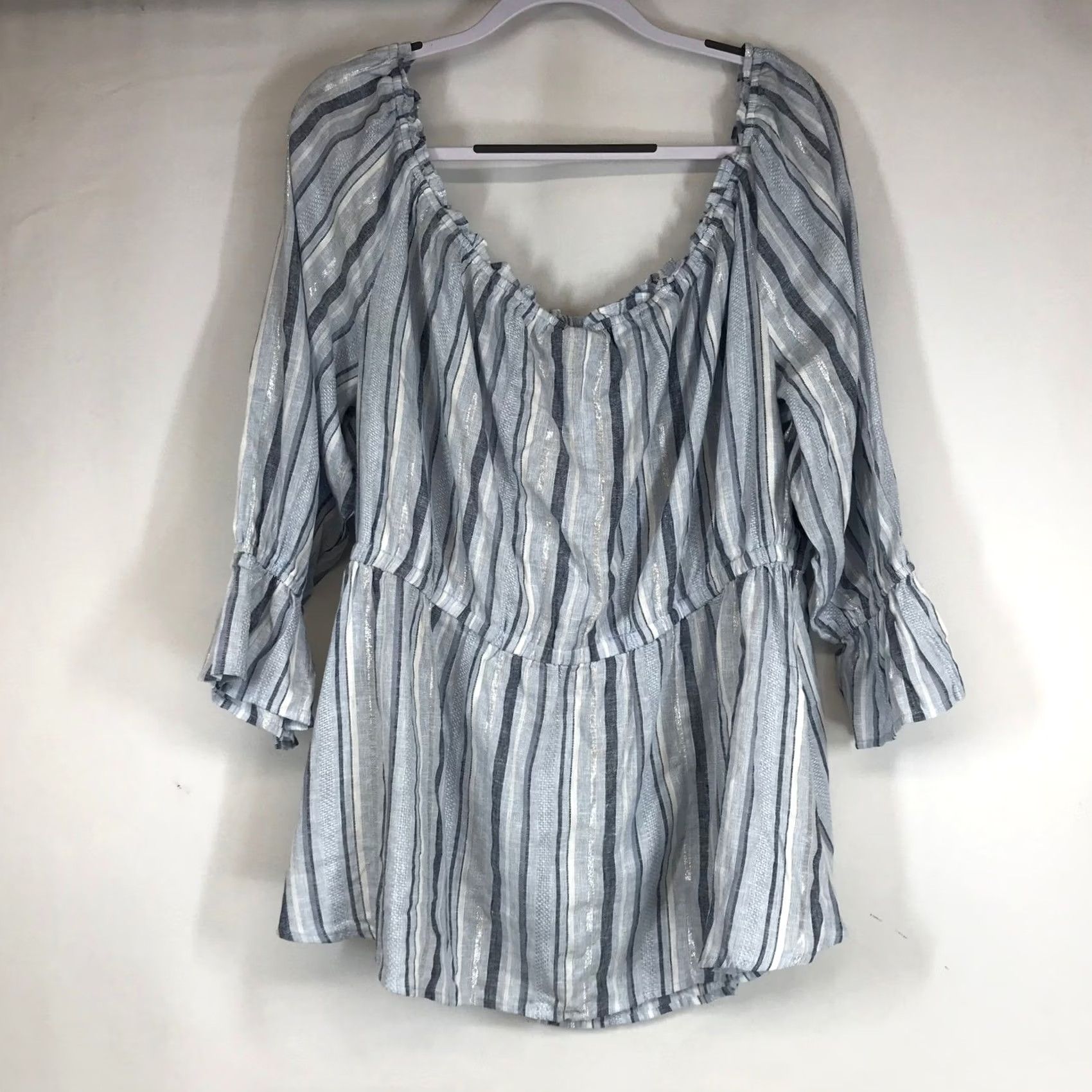 Vintage VINTAGE Lane Bryant Blue Striped Off Shoulder Ruffle Sleeve Top Plus Size 26/28 Size 4XL / US 24-26 - 4 Thumbnail